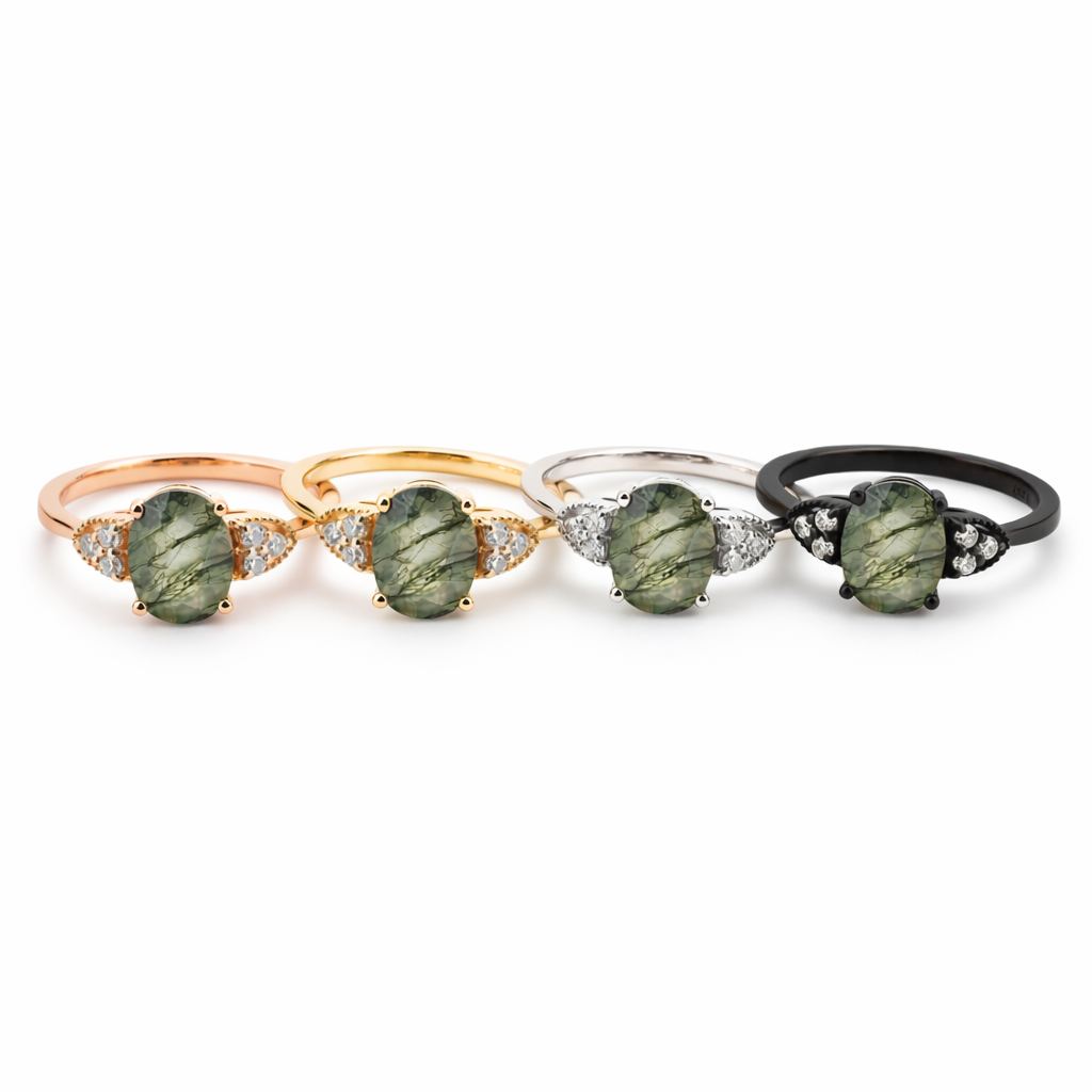 Lifestyle view of Oval Moss Agate Engagement Ring in Gold