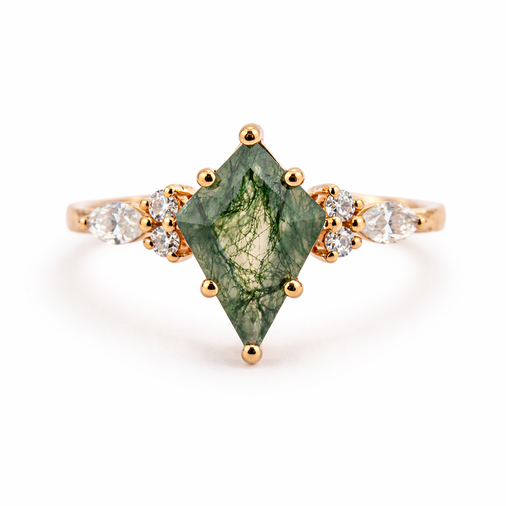 Unique Rose Gold Promise Ring with Kite Moss Agate and Moissanite Accents