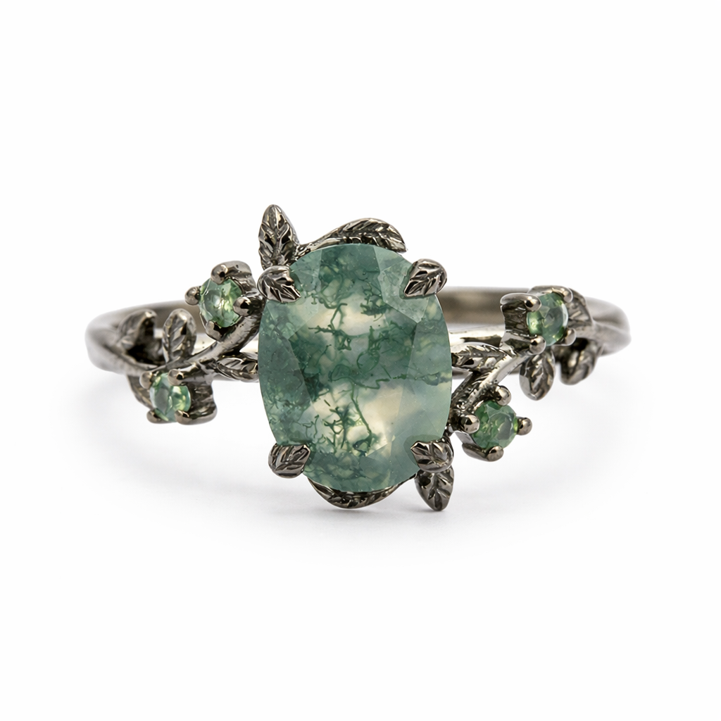 Front view of Oval Moss Agate Ring in Black Gold