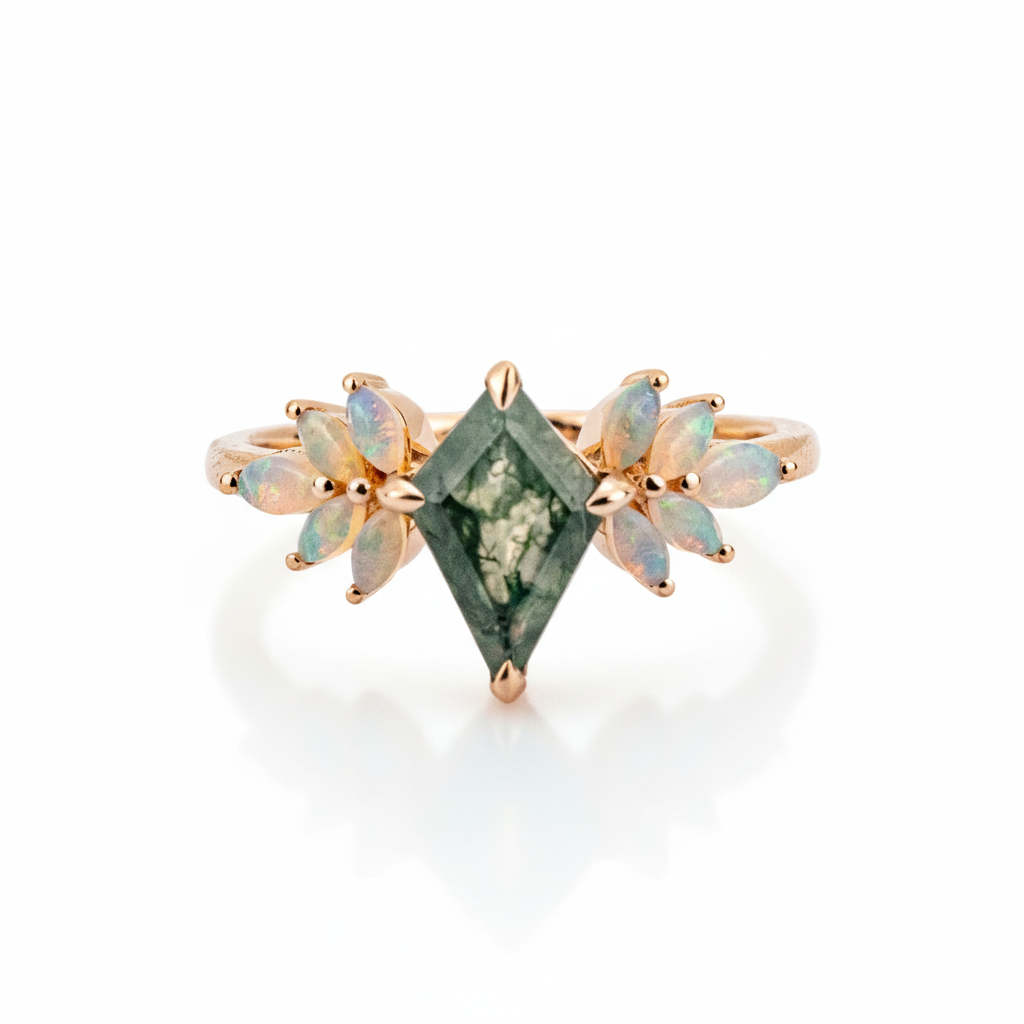 Front view of Kite Cut Moss Agate Ring in Rose Gold