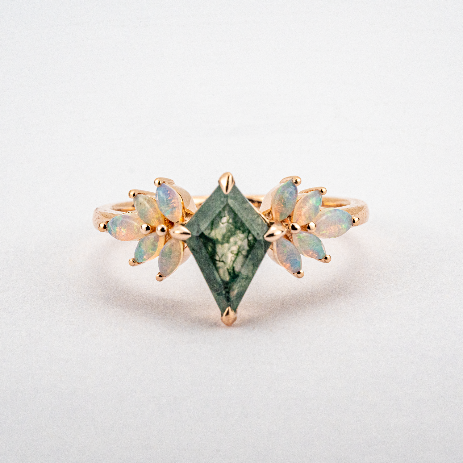 Kite-shaped Moss Agate With Opal Rose Gold Ring Art Deco Ring Opal Engagement Ring
