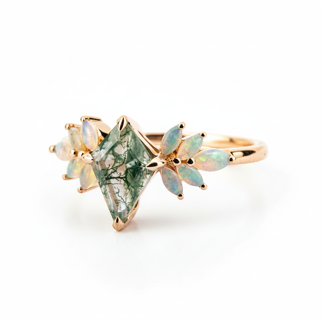 Product view of Kite Cut Moss Agate Ring in Rose Gold