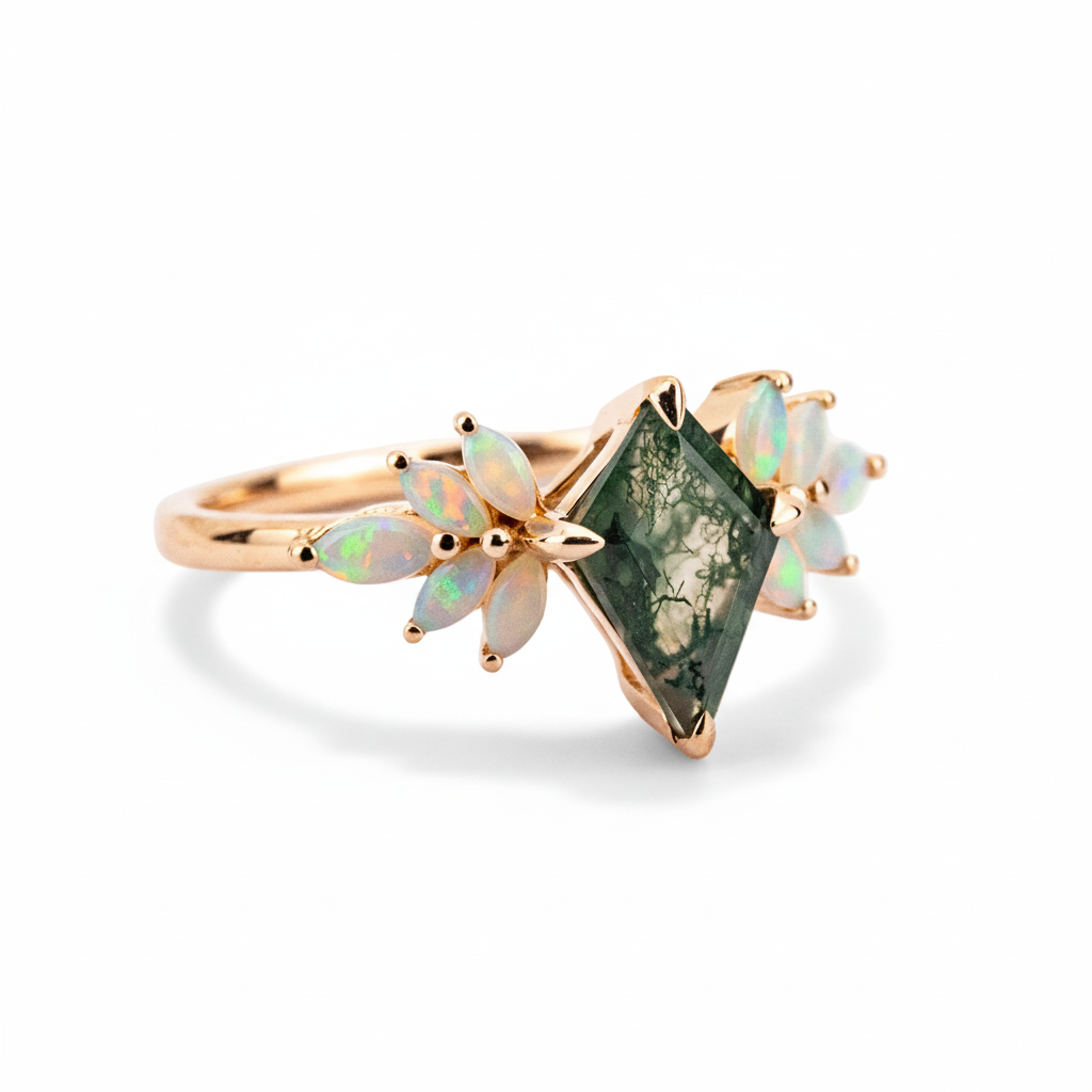 Product view of Kite Cut Moss Agate Ring in Rose Gold