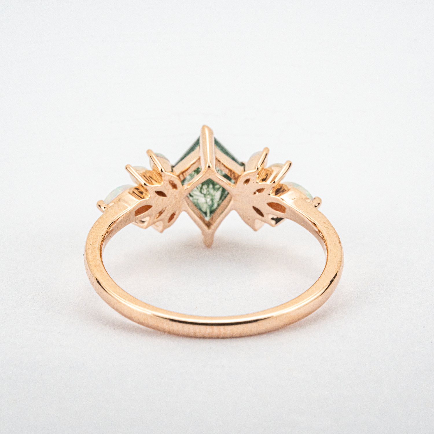 Kite-shaped Moss Agate With Opal Rose Gold Ring Art Deco Ring Opal Engagement Ring