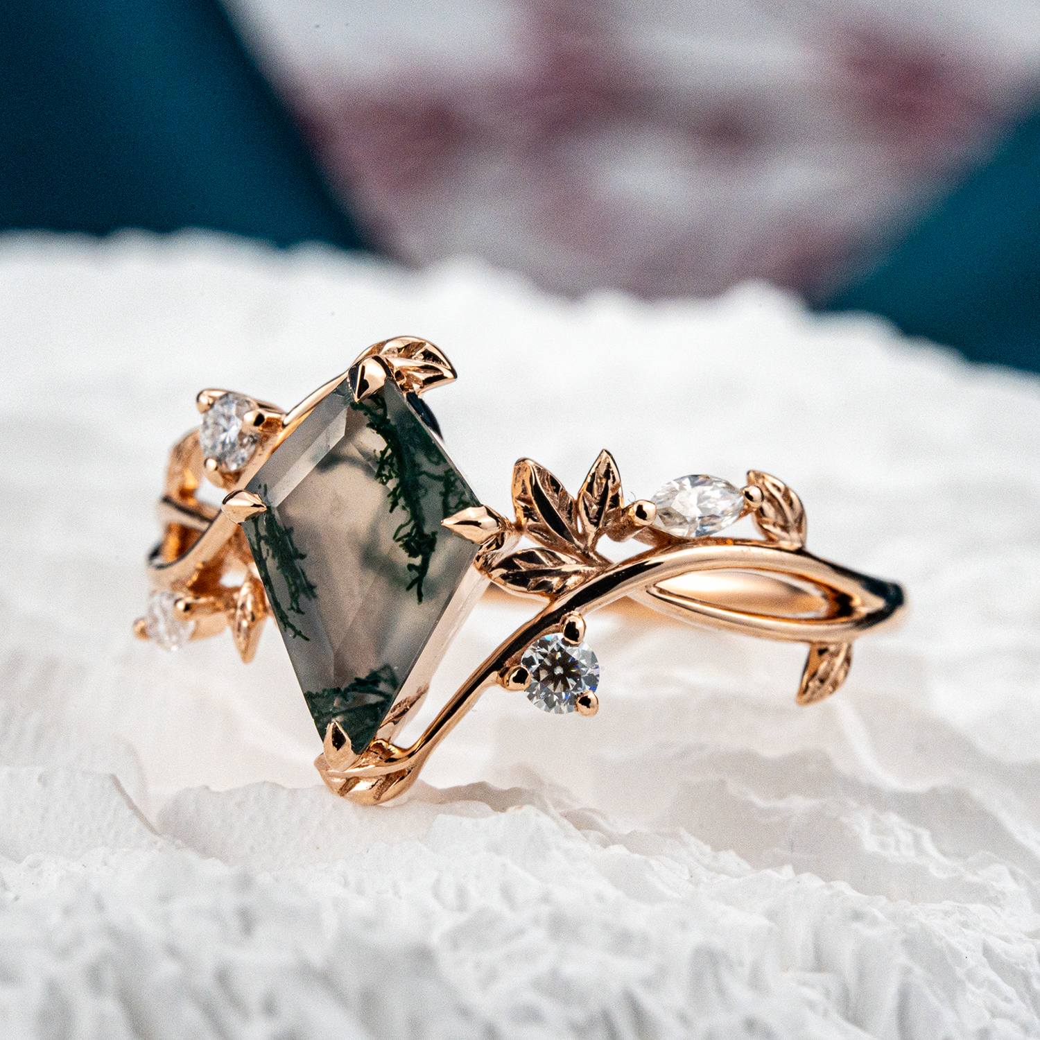 Kite Cut Moss Agate Wedding Ring Agate Leaf Engagement Ring Match Ring For Couple