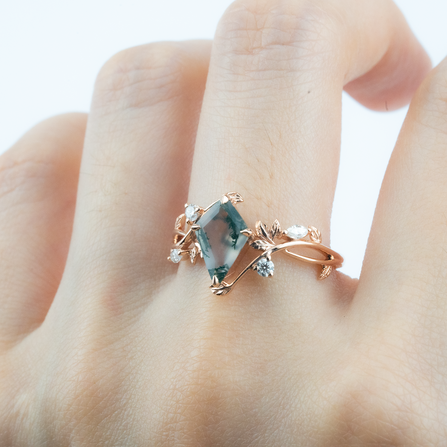 Kite Cut Moss Agate Wedding Ring Agate Leaf Engagement Ring Match Ring For Couple