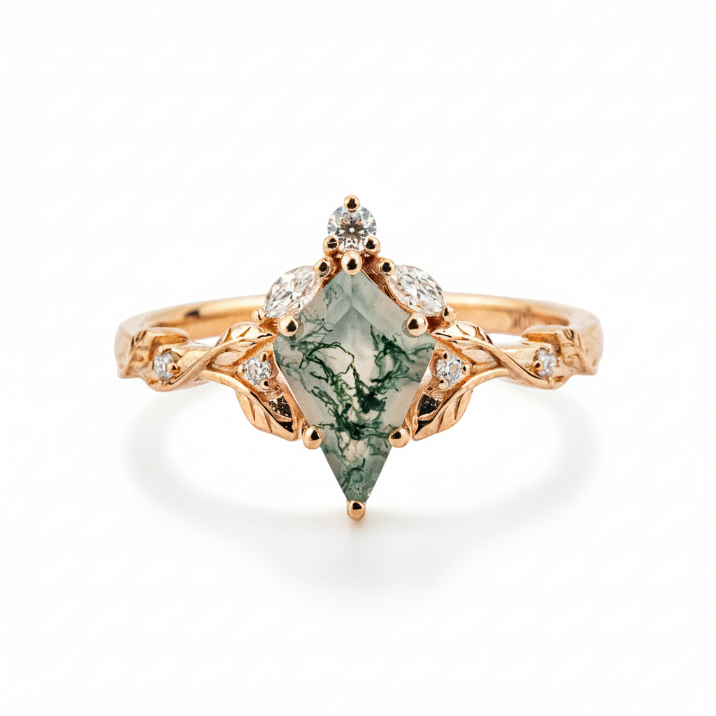 Kite Moss Agate Bridal jewelry Dainty engagement rings Floral Engagement Ring