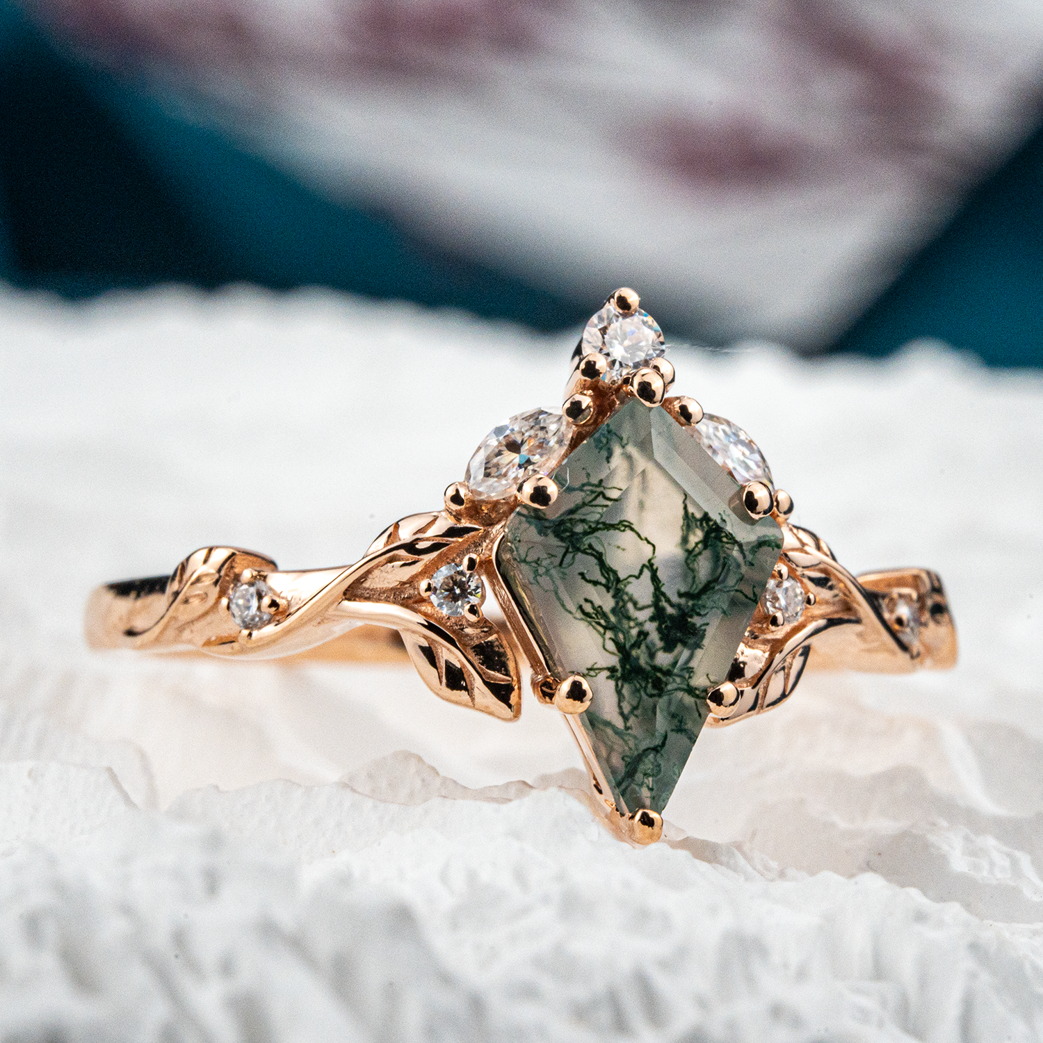Kite Moss Agate Bridal jewelry Dainty engagement rings Floral Ring Leaf Ring