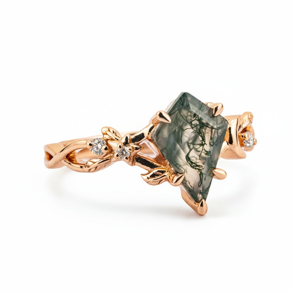 Product view of Kite Cut Moss Agate Engagement Ring in Rose Gold