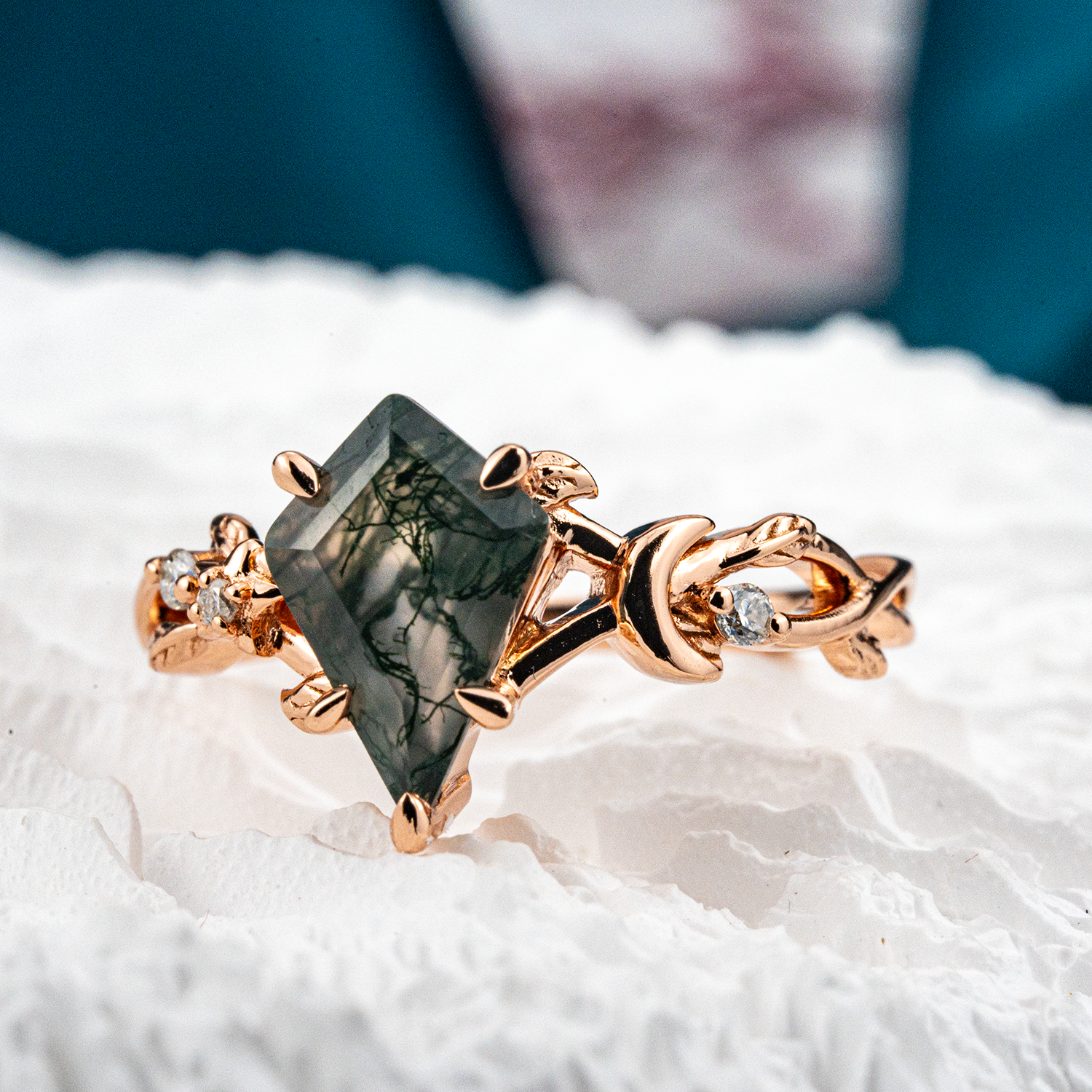 Kite Moss Agate Leaf Engagement Ring Rose Gold Handmade Jewelry Floral Engagement Ring