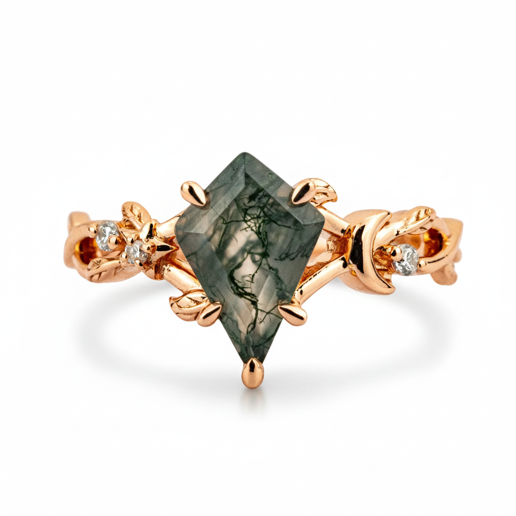 Front view of Kite Cut Moss Agate Engagement Ring in Rose Gold