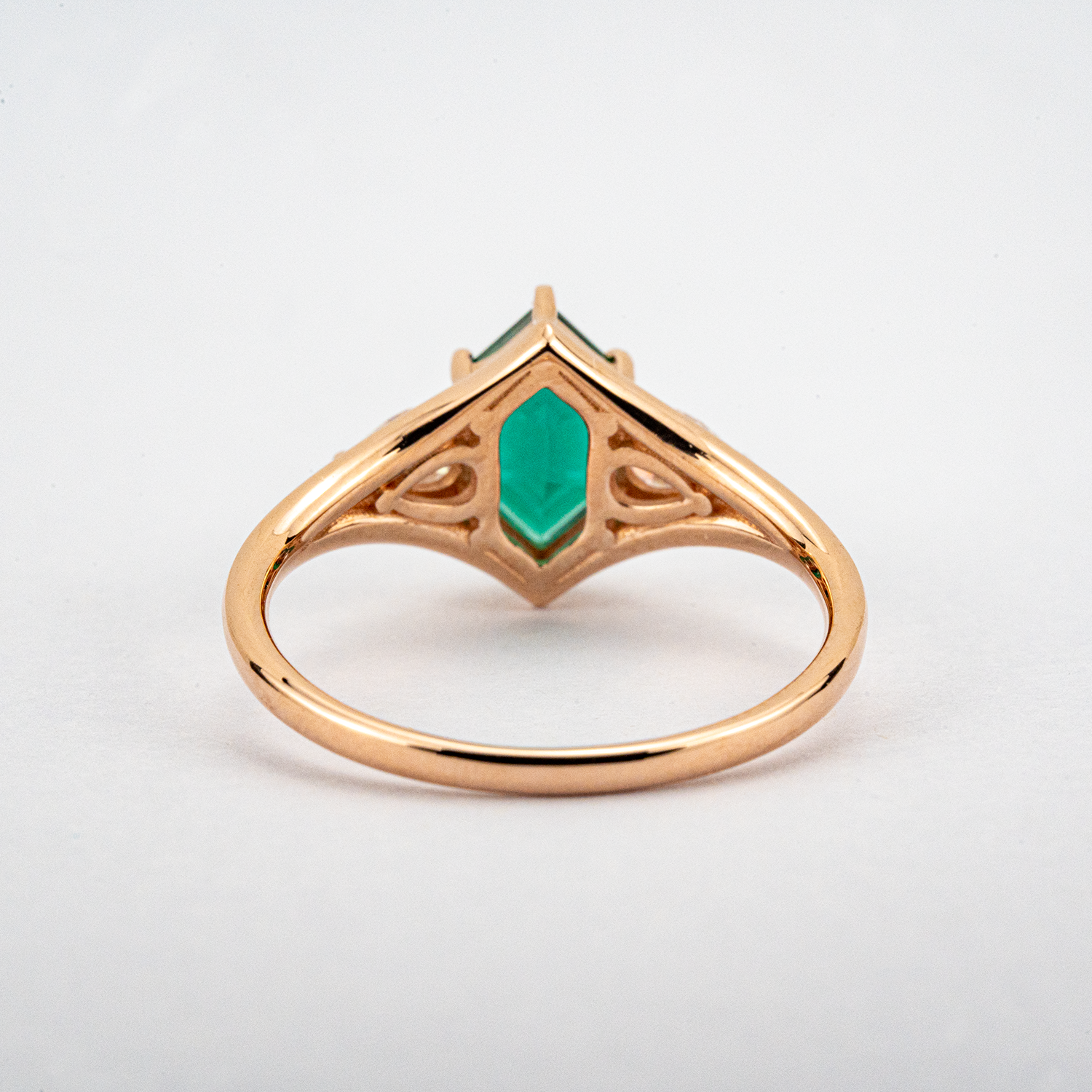 Long Hexagon Cultured Emerald Moissanite Engagement Ring Three Stone Ring