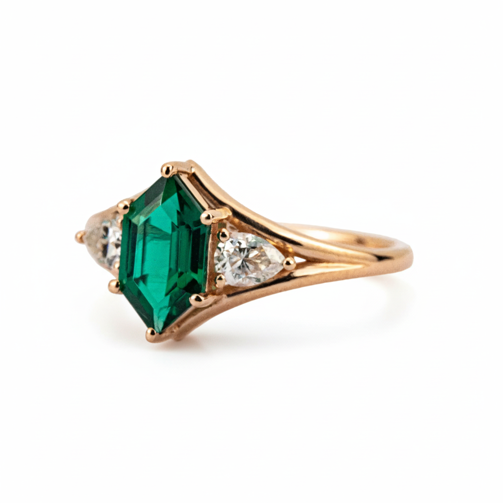 Lifestyle view of Long Hexagon Emerald Engagement Ring in Gold