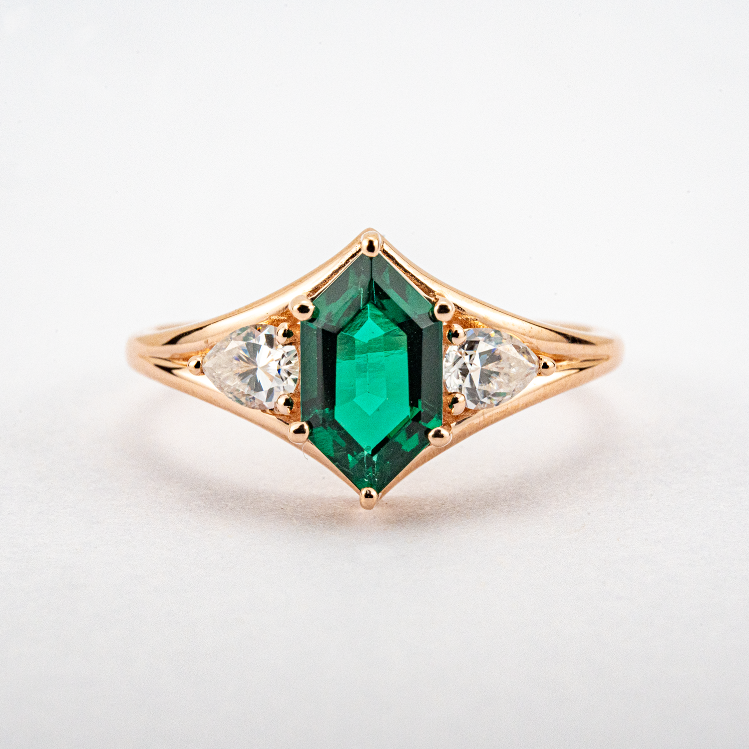 Long Hexagon Cultured Emerald Moissanite Engagement Ring Three Stone Ring