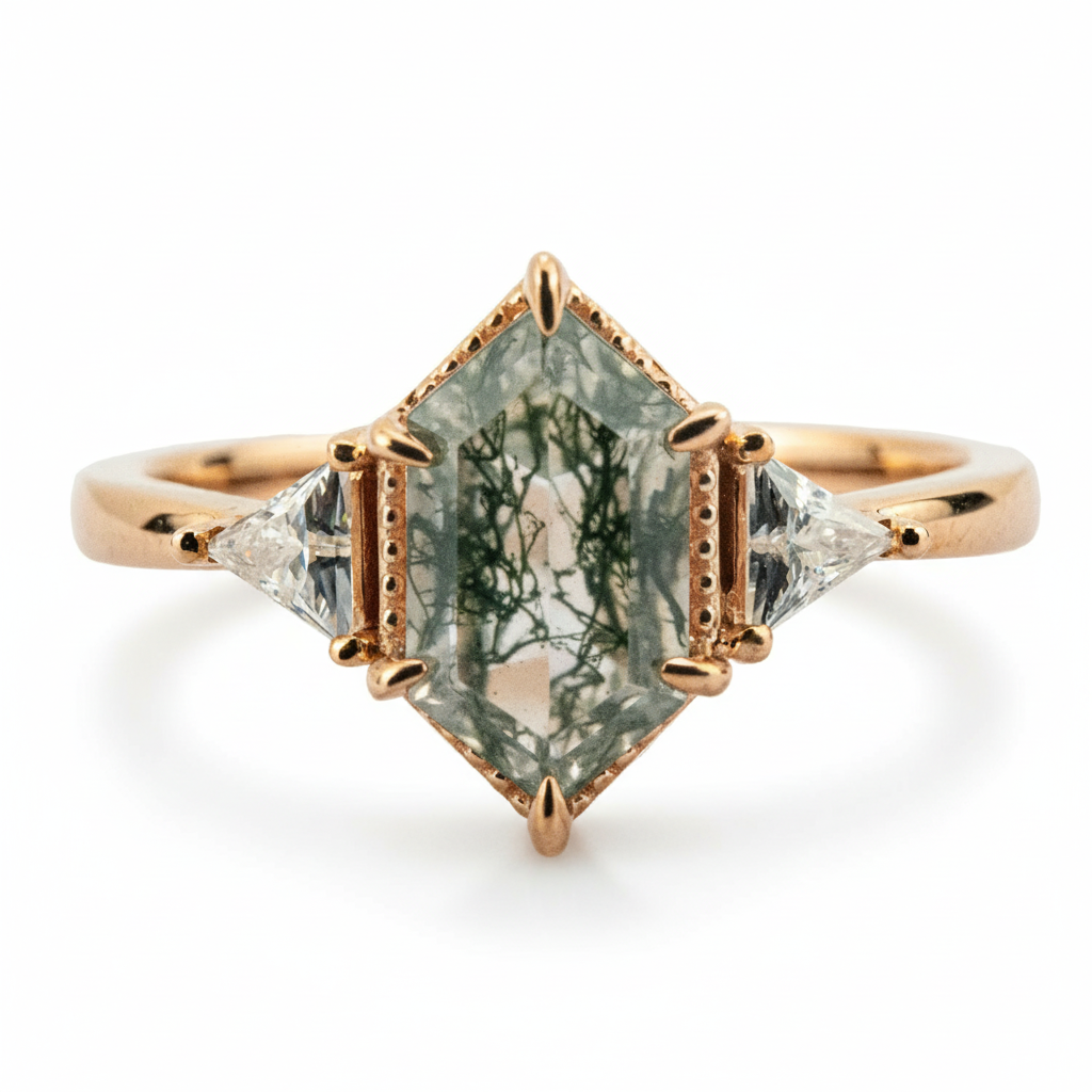 Lifestyle view of Long Hexagon Moss Agate Ring in Rose Gold