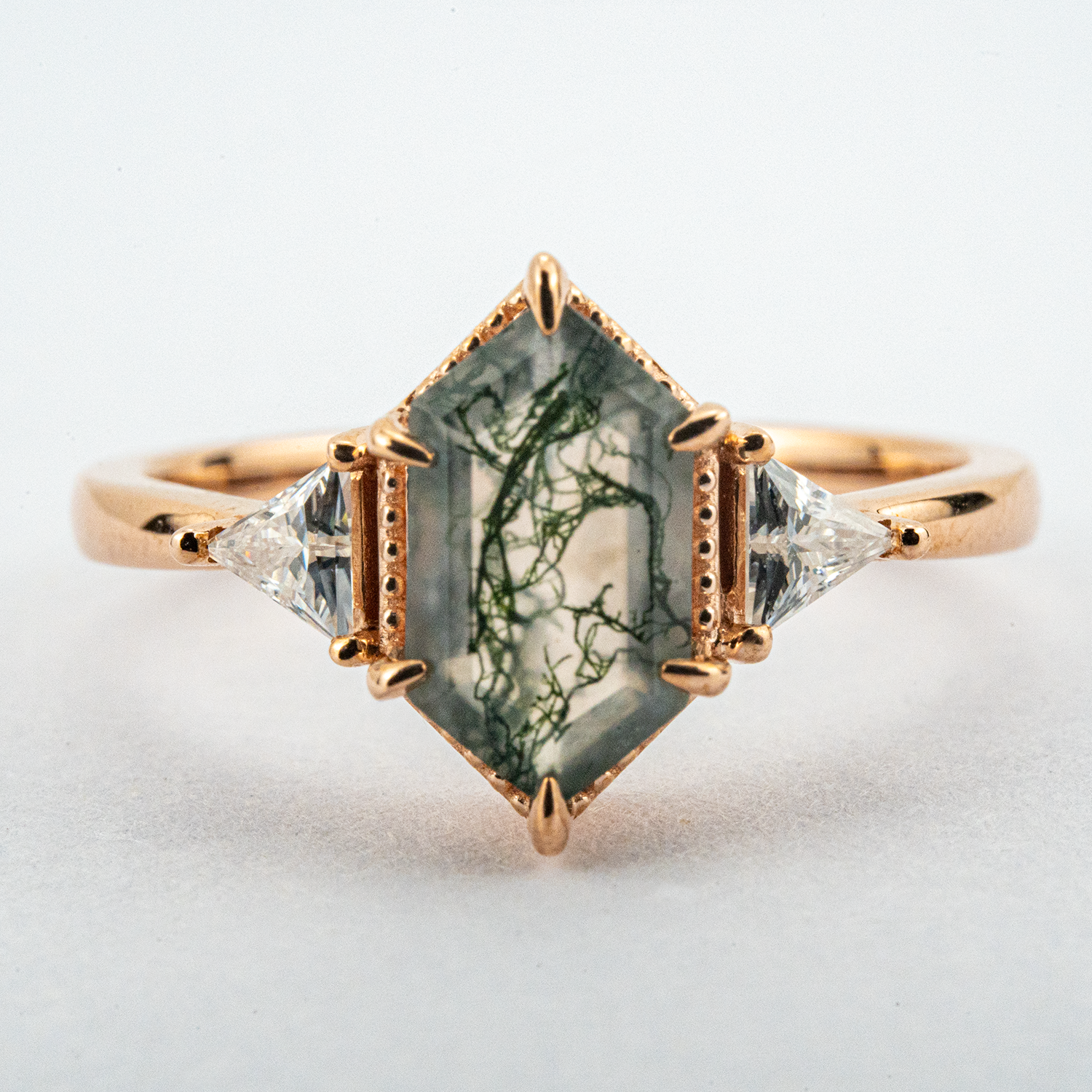 Long Hexagon Moss Agate Three Stone Ring Rose Gold Wedding Agate Engagement Ring