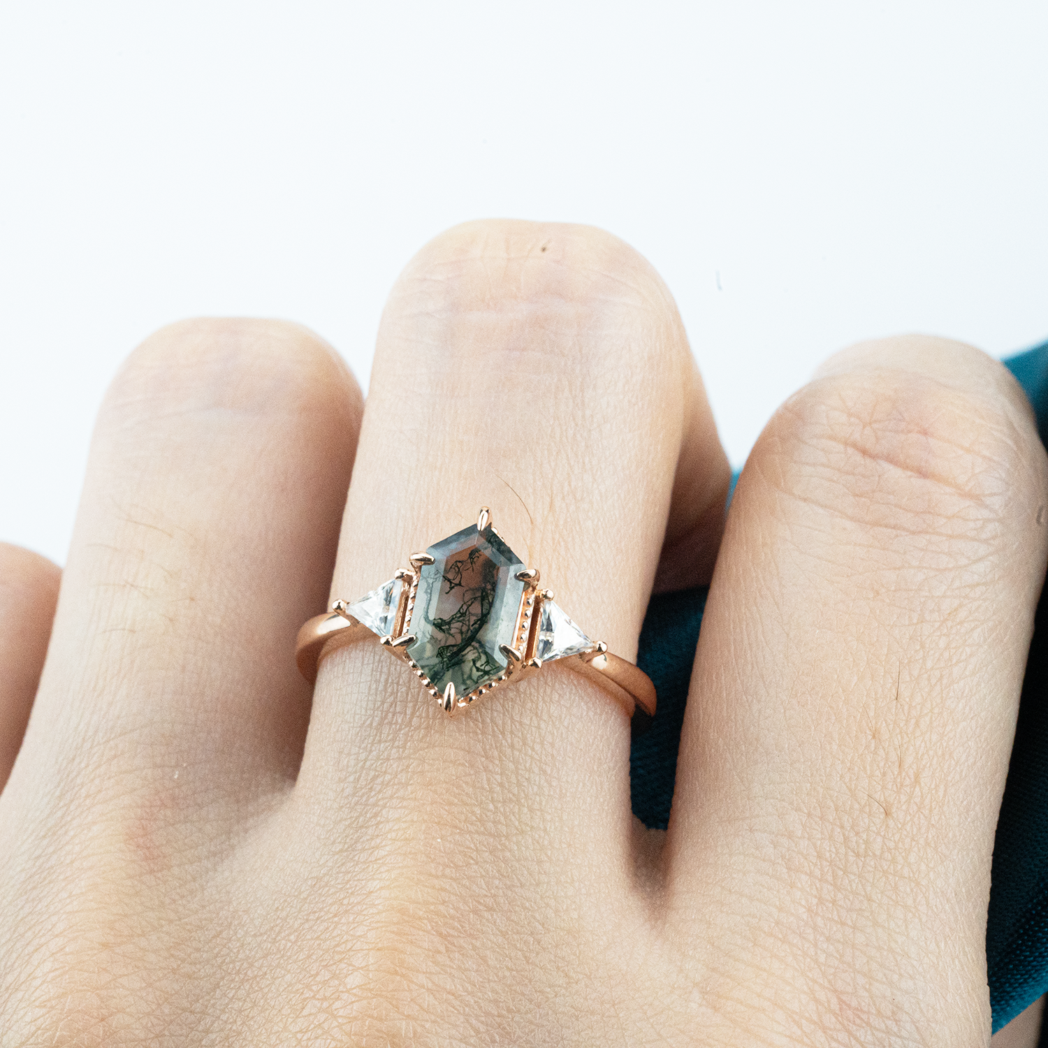 Long Hexagon Moss Agate Three Stone Ring Rose Gold Wedding Agate Engagement Ring