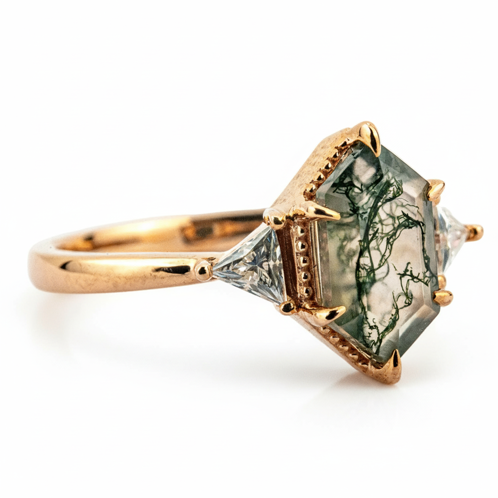 Lifestyle view of Long Hexagon Moss Agate Ring in Rose Gold