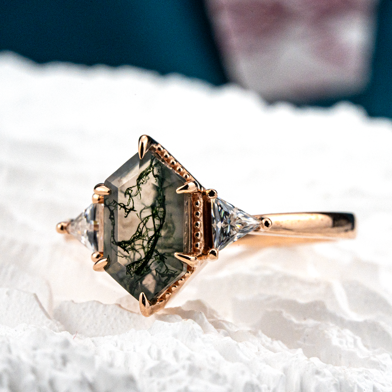 Long Hexagon Moss Agate Three Stone Ring Rose Gold Wedding Agate Engagement Ring