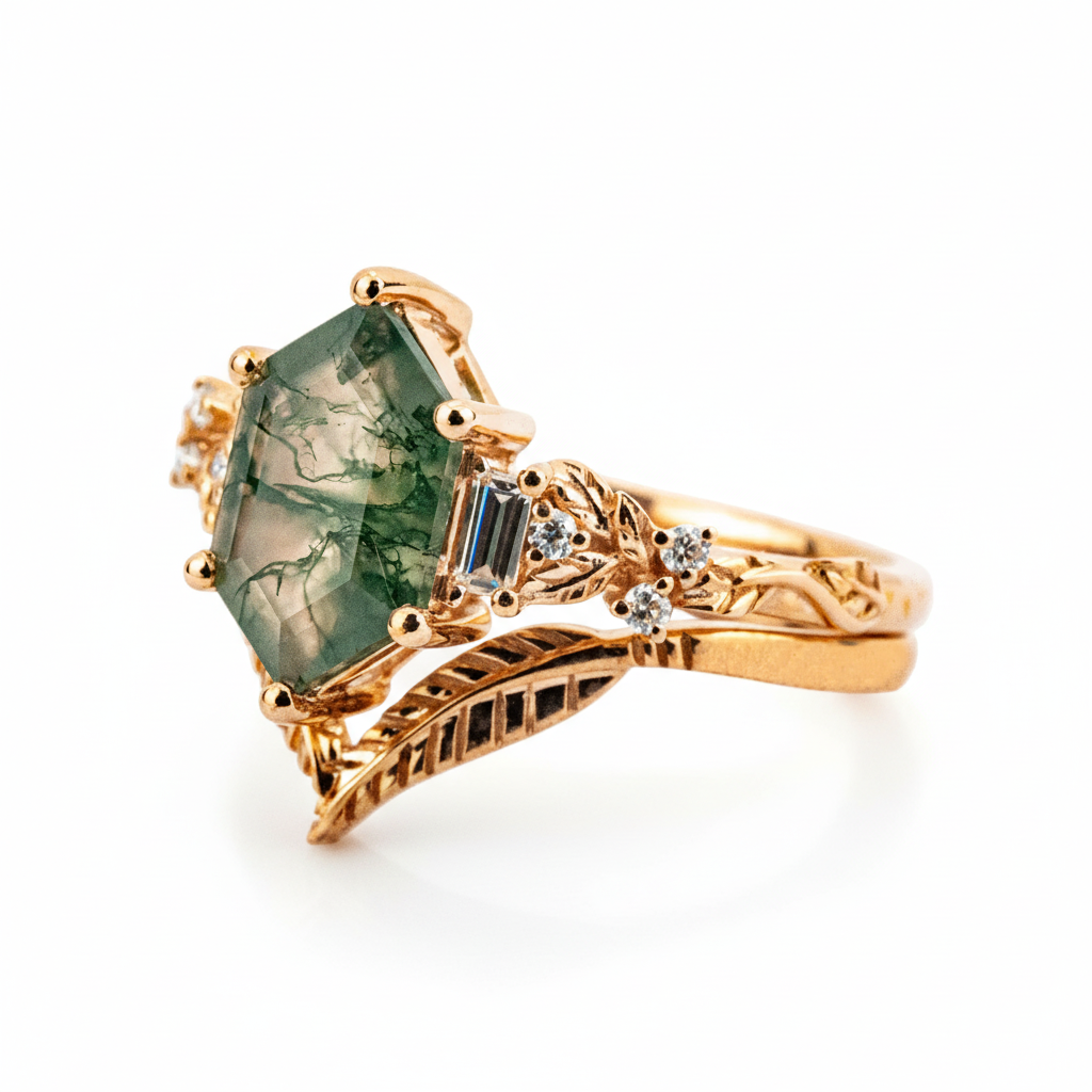 Detailed view of Long Hexagon Moss Agate Ring Set in Gold