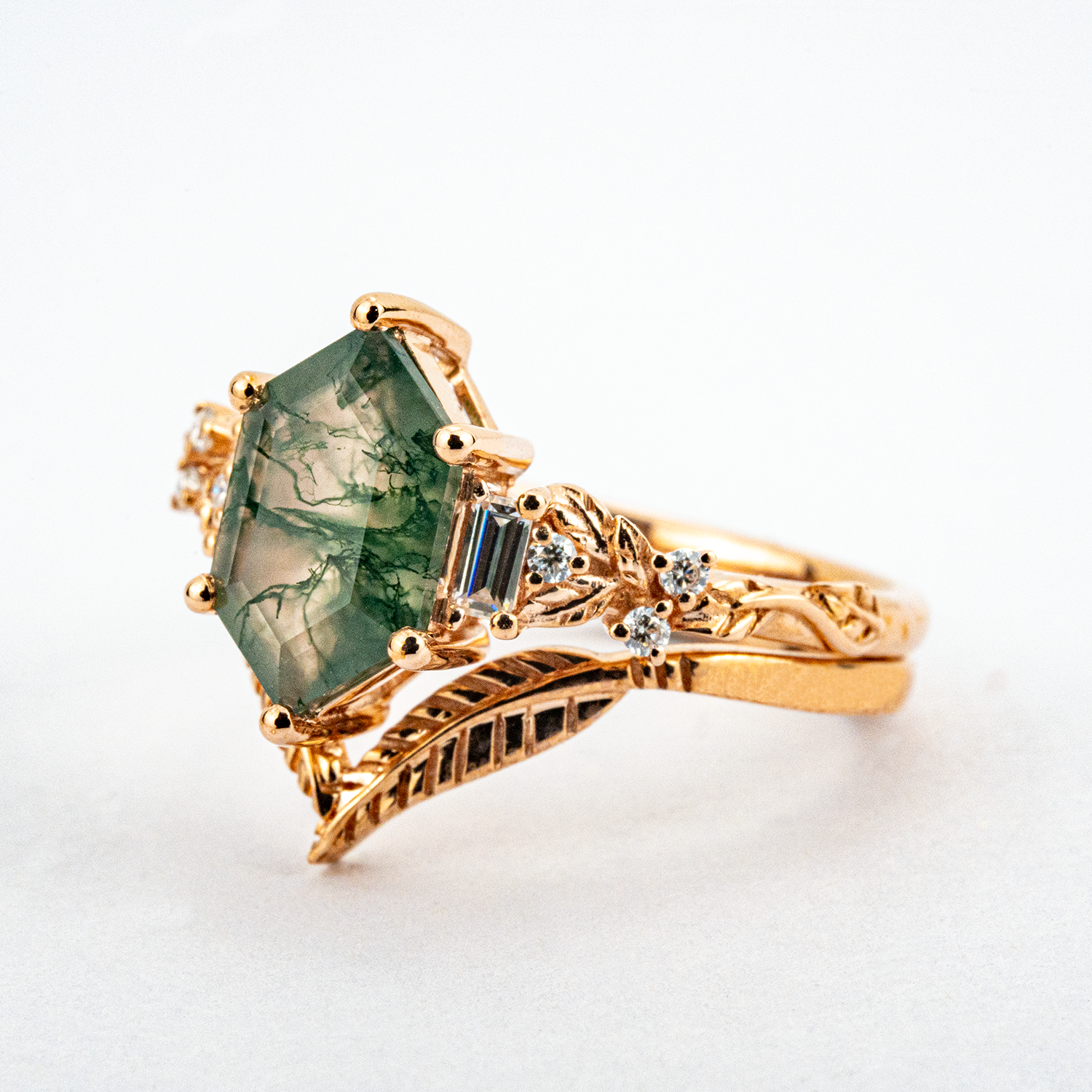 Long Hexagonal Moss Agate Leaf Engagement Ring Set Vintage Floral Ring