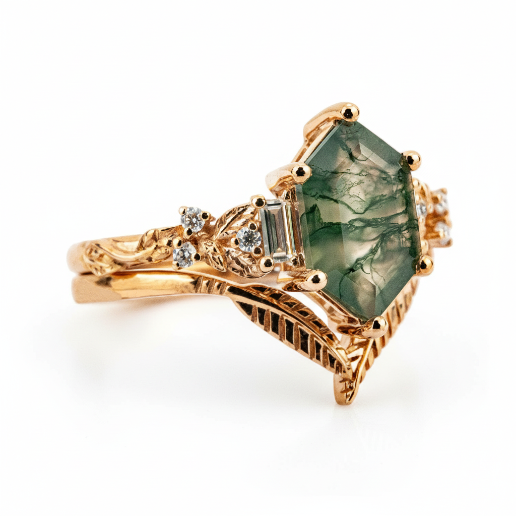 Lifestyle view of Long Hexagon Moss Agate Ring Set in Gold