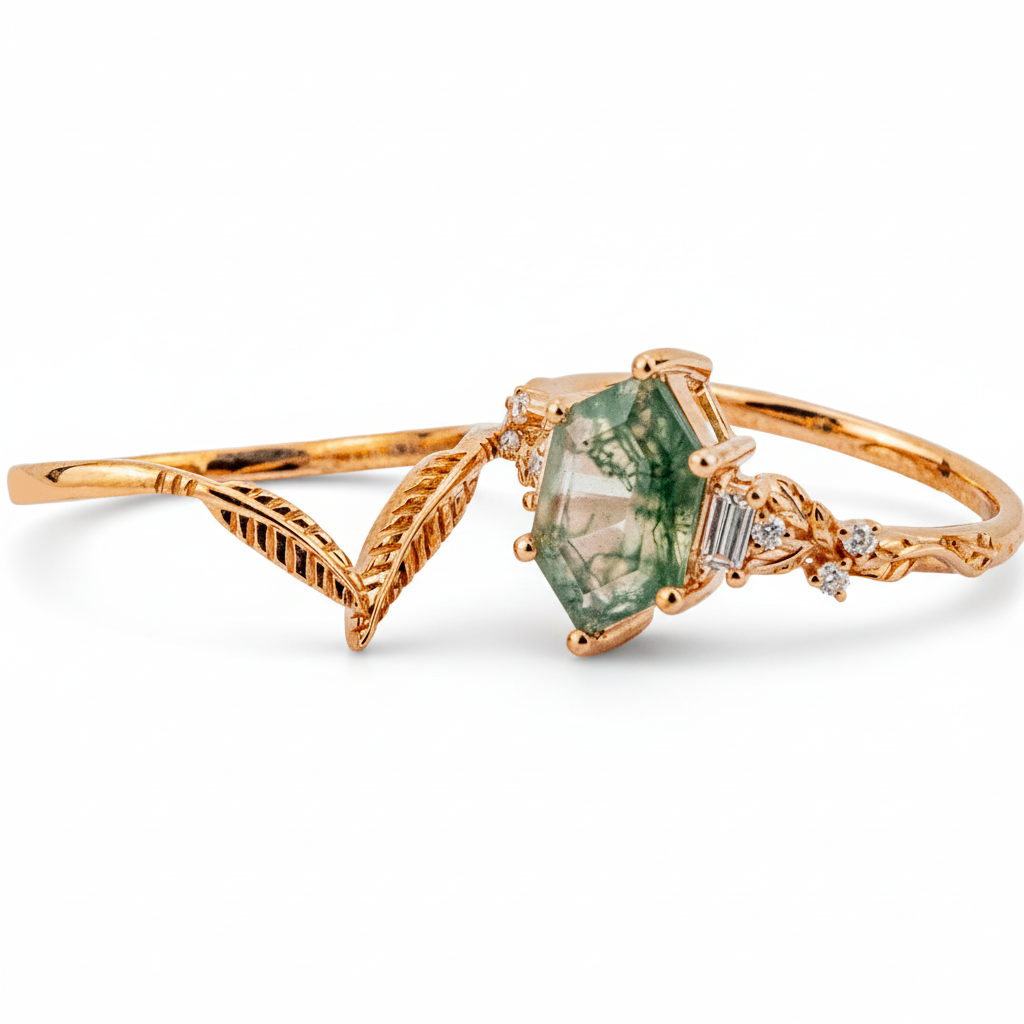 Product view of Long Hexagon Moss Agate Ring Set in Gold