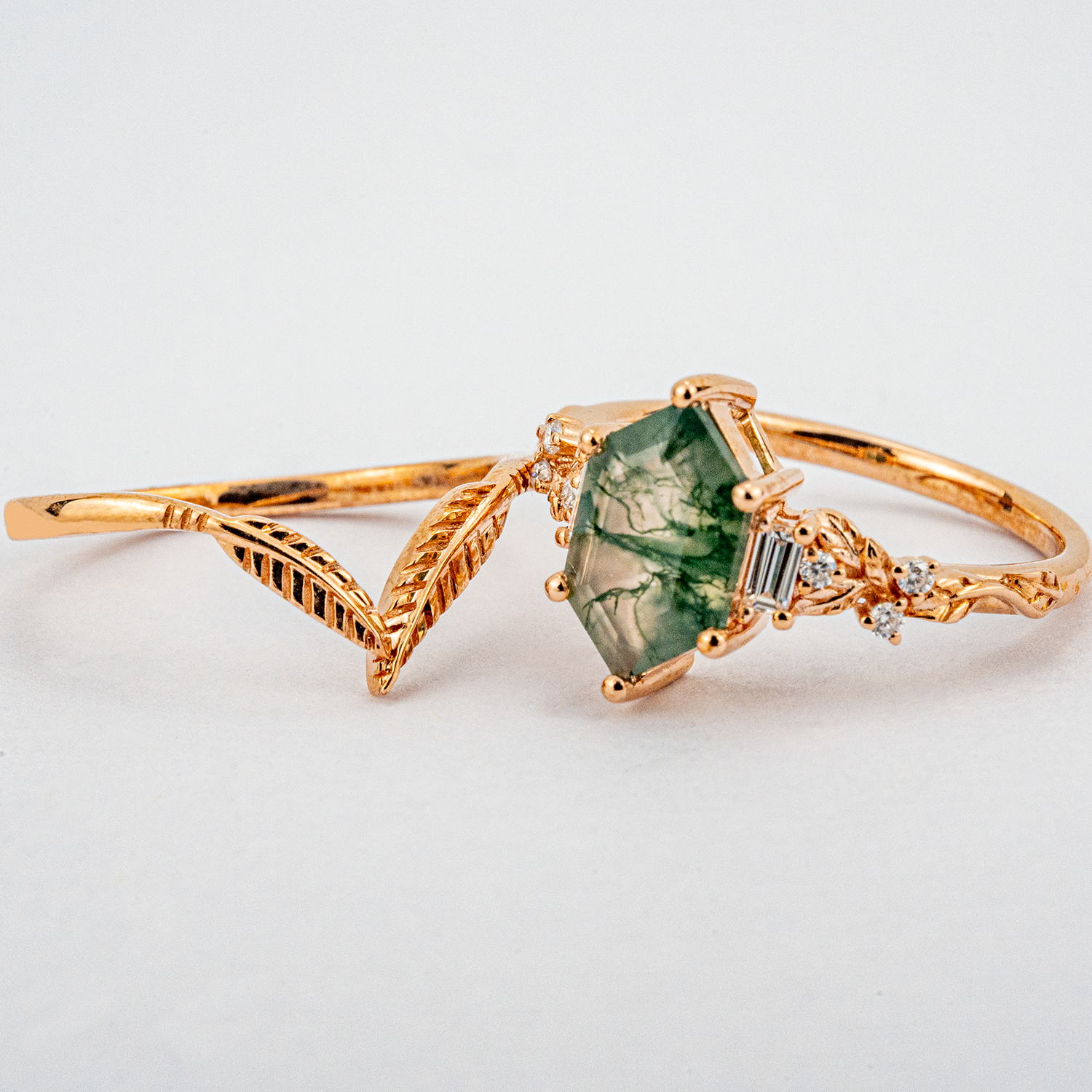 Long Hexagonal Moss Agate Leaf Engagement Ring Set Vintage Floral Ring-5