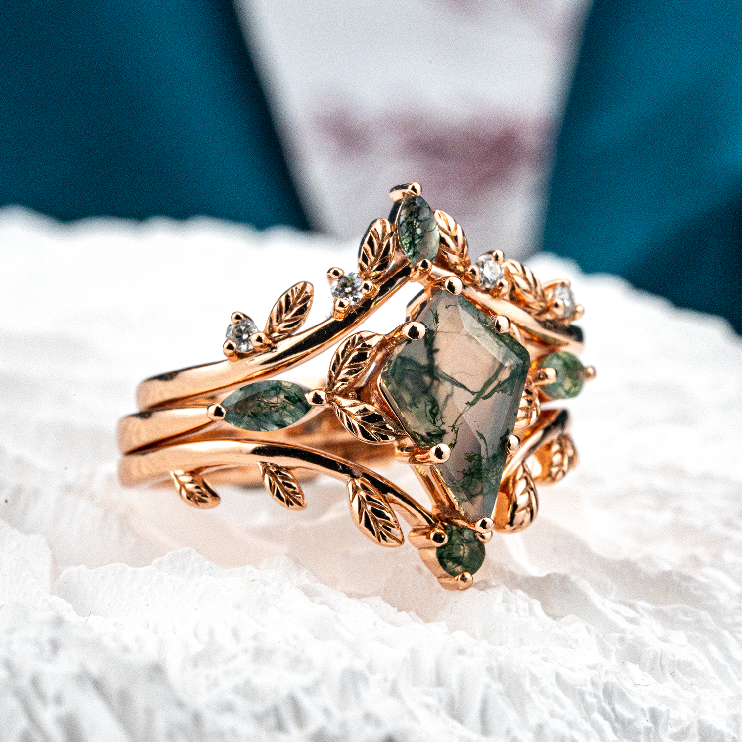 Luxurious Leaf Ring Set Floral Ring Set For Her Agate Enegagement Ring Vintage Ring