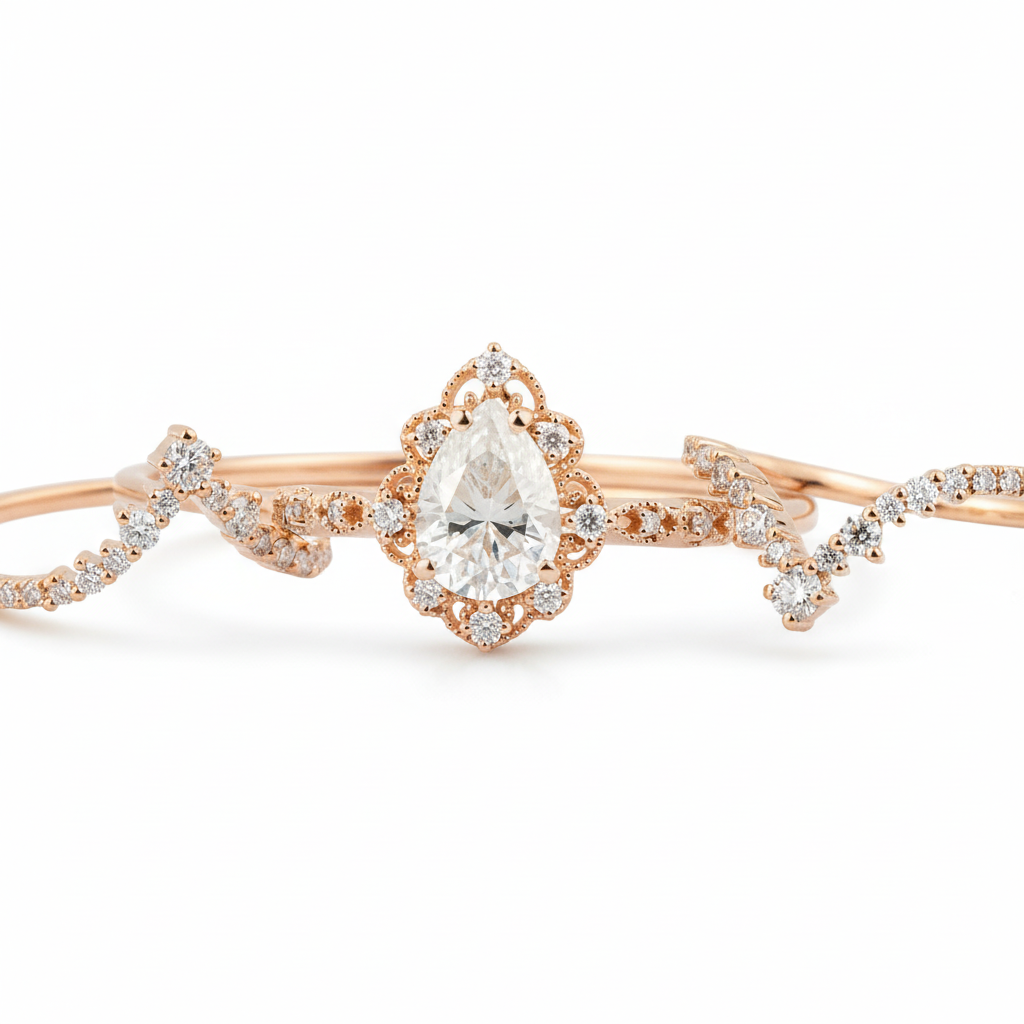 Product view of Pear Moissanite Ring Set in Rose Gold