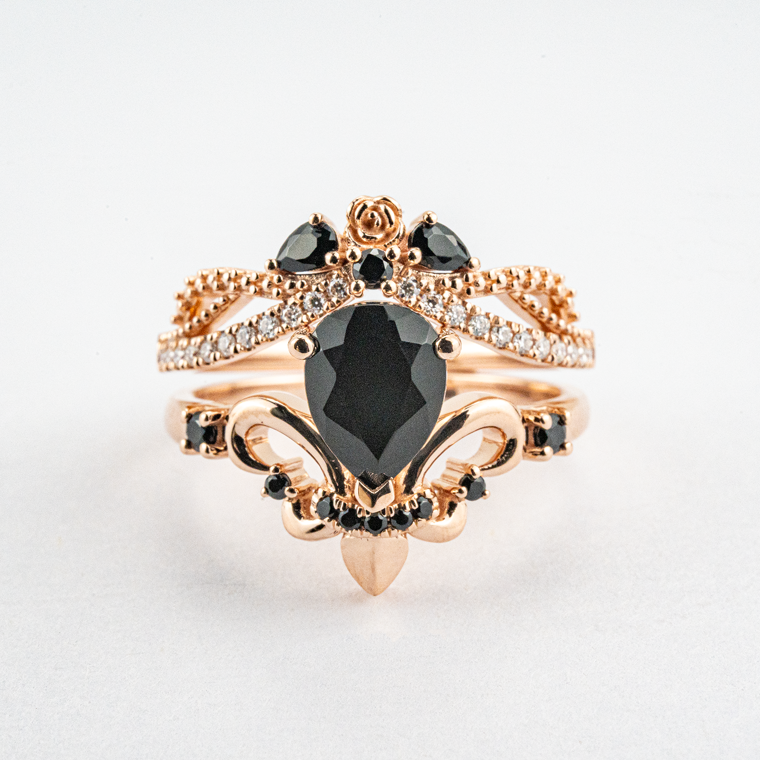 Luxury Pear Shape Black Onyx Ring Set with Moissanite/Diamond Statement Ring Set