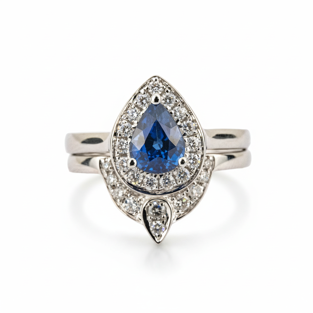 Luxury Teardrop Sapphire Diamond Ring Engagement White Gold Ring Set