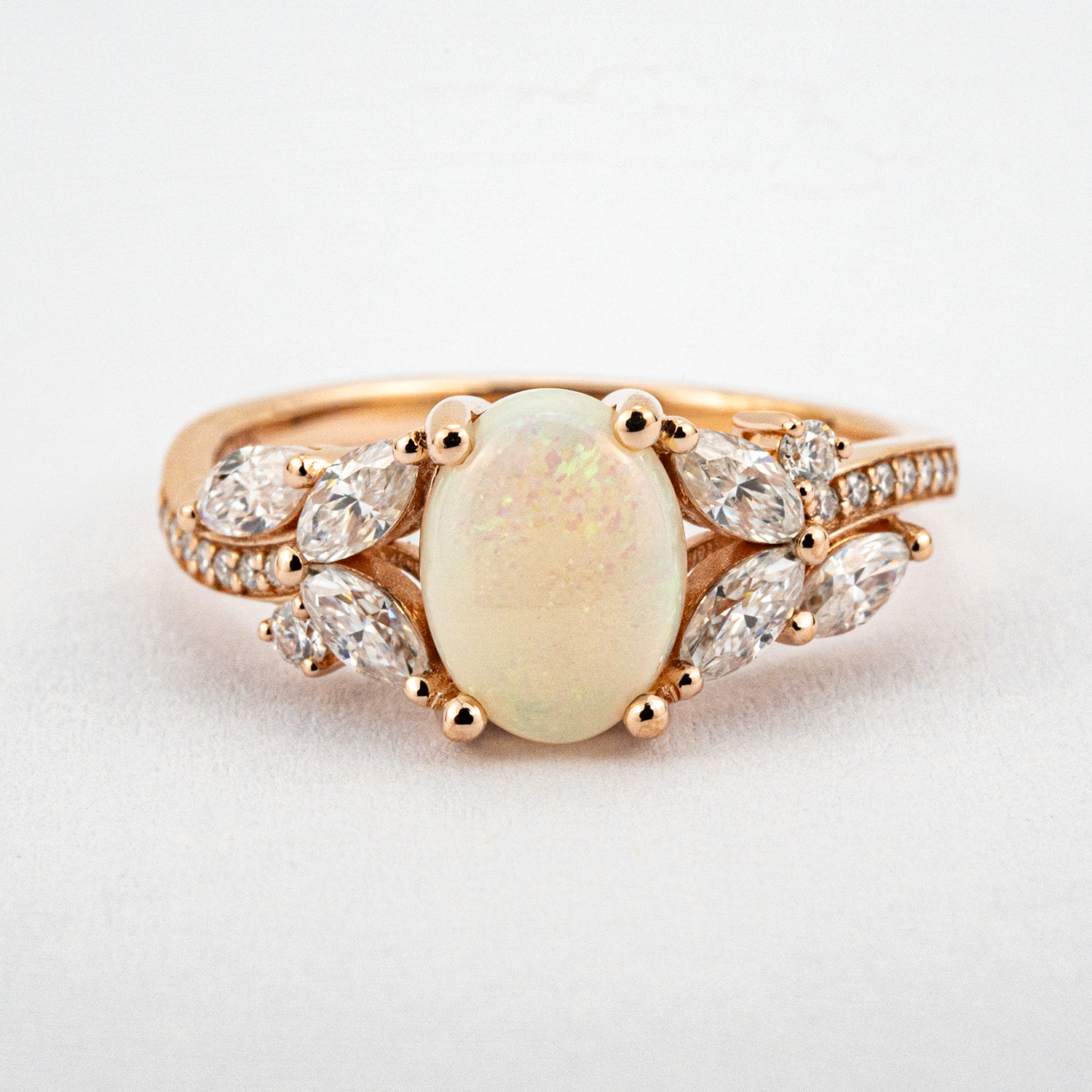 Natural Oval Opal and Moissanite Bridal Engagement Ring Art Deco Ring