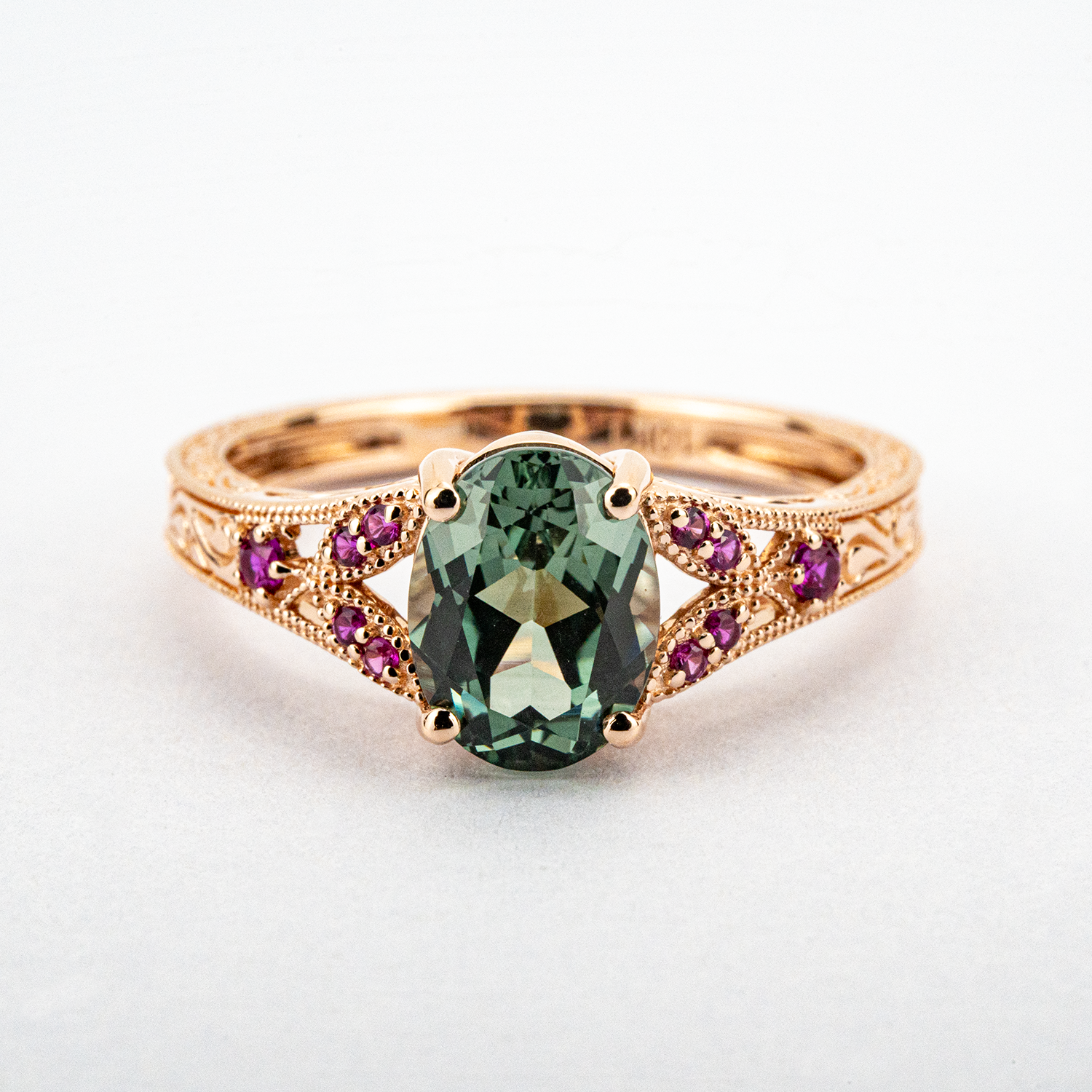 Oval Lab Grown Emerald with Amethyst Rose Gold Ring Floral Engagement Ring