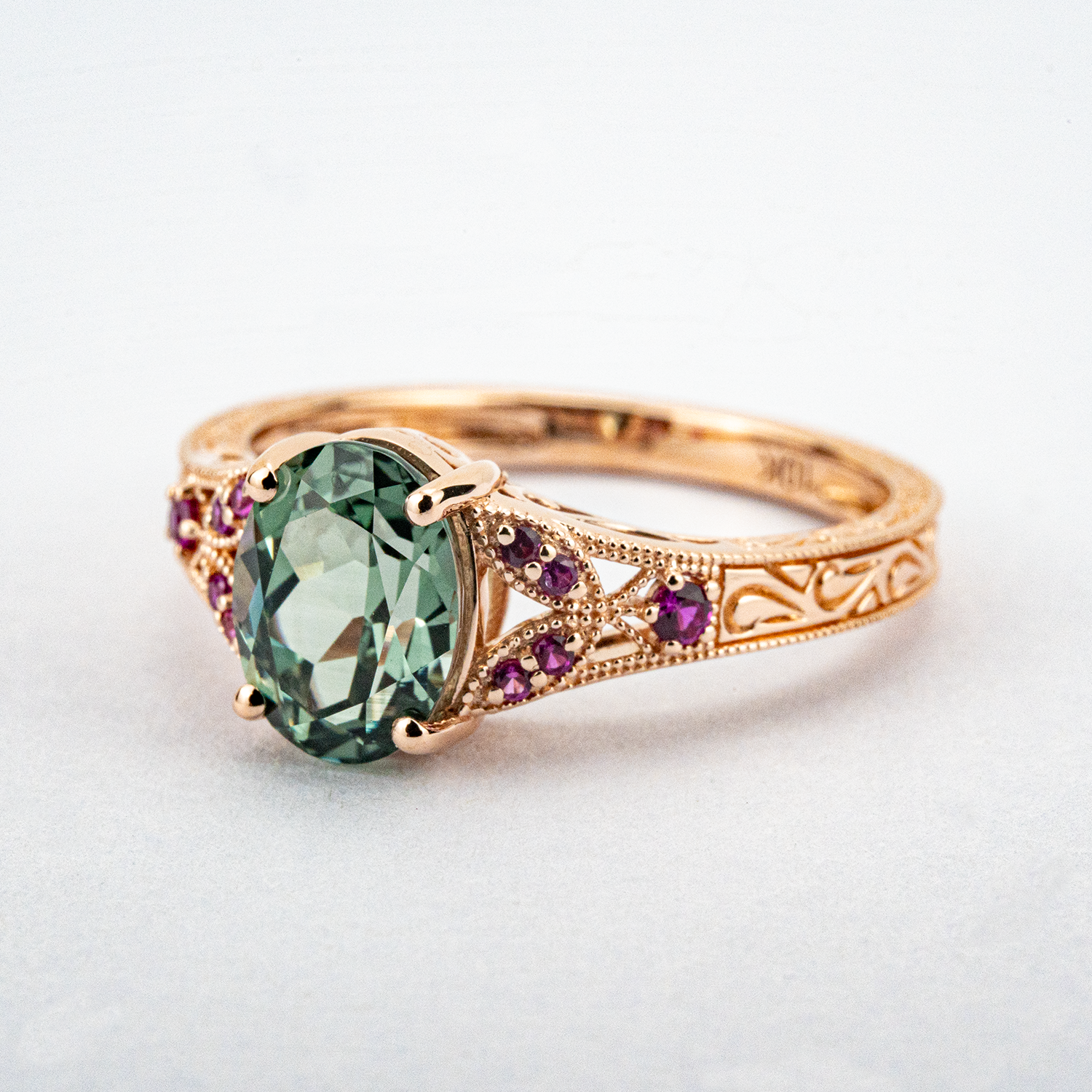 Oval Lab Grown Emerald with Amethyst Rose Gold Ring Floral Engagement Ring