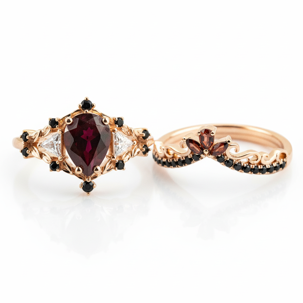 Product view of Pear Garnet Ring Set in Rose Gold