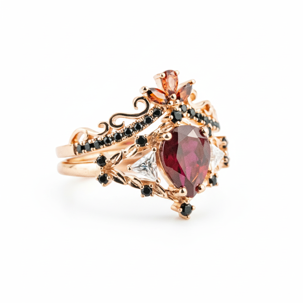 Product view of Pear Garnet Ring Set in Rose Gold