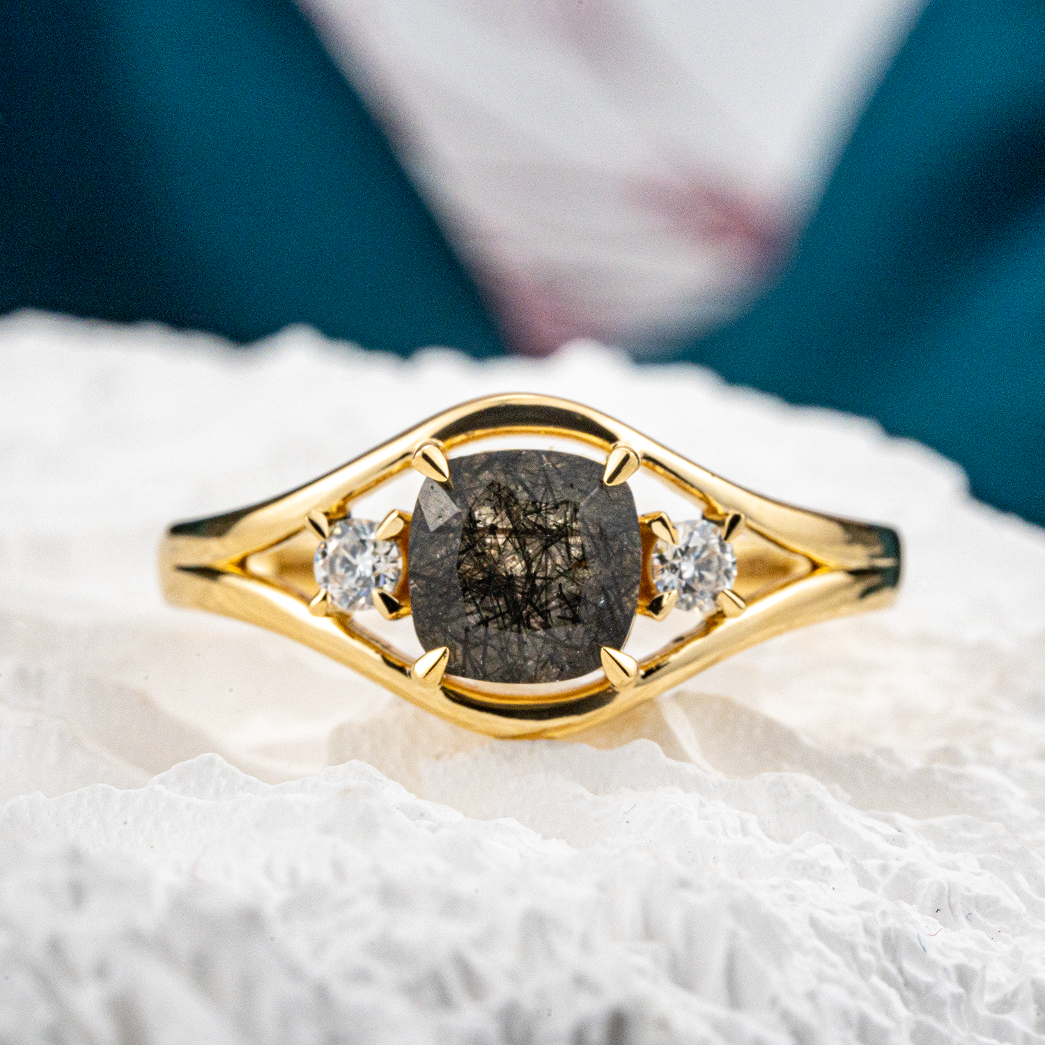 Three Stone - Black Rutilated Quartz Moissanite Personalized Ring Unique Engagement Ring