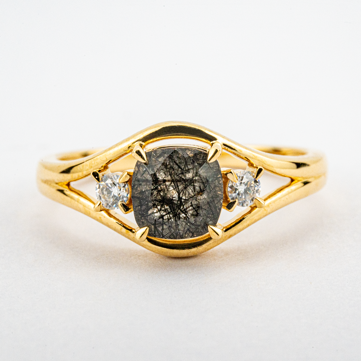 Three Stone - Black Rutilated Quartz Moissanite Personalized Ring Unique Engagement Ring