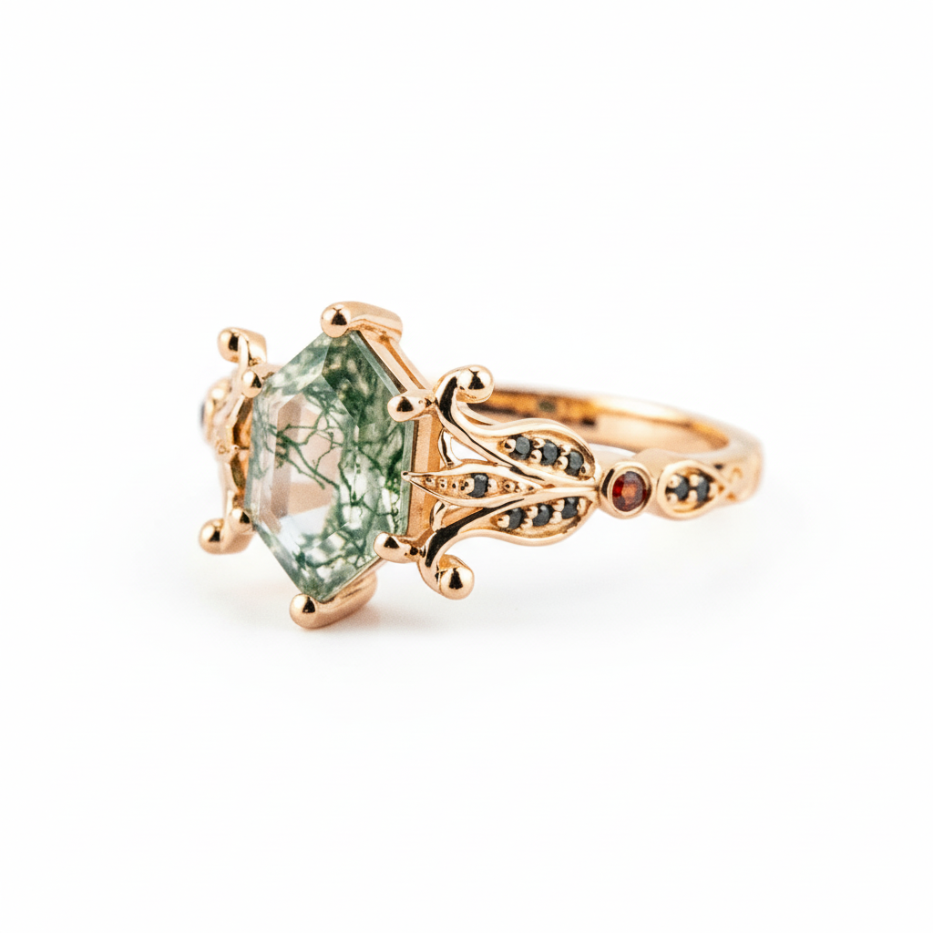 Product view of Hexagon Moss Agate Ring in Rose Gold
