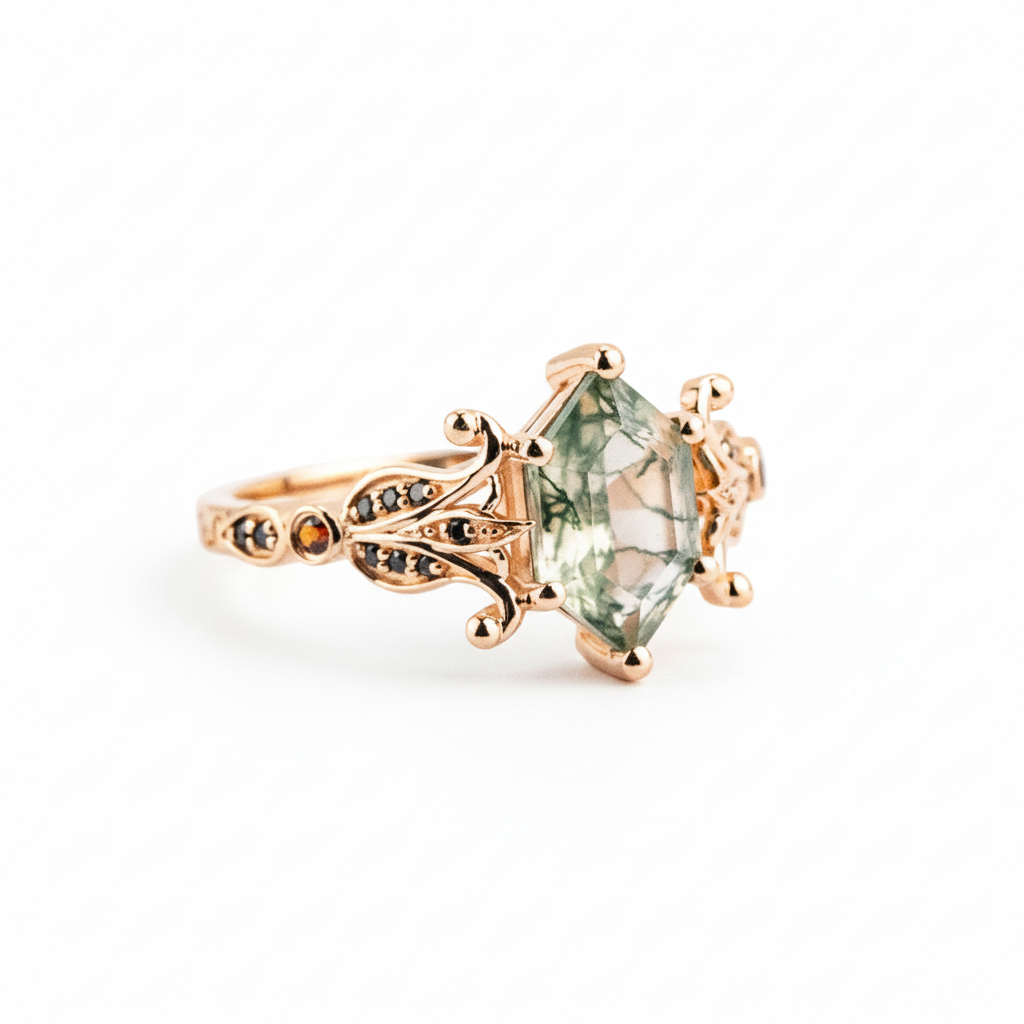 Product view of Hexagon Moss Agate Ring in Rose Gold