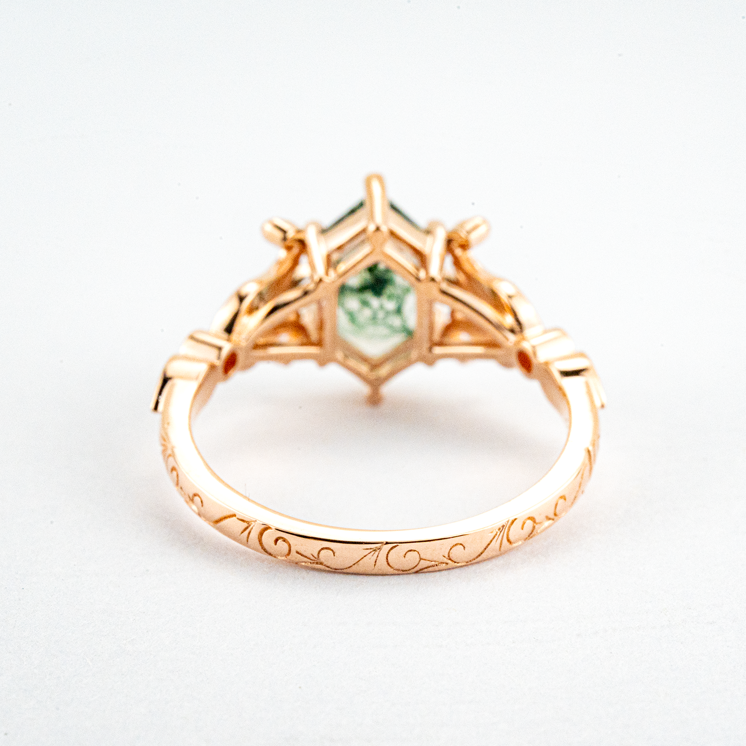 Unique Hexagonal Moss Agate and Black Onyx Rose Gold Ring Moss Agate Engagement Ring