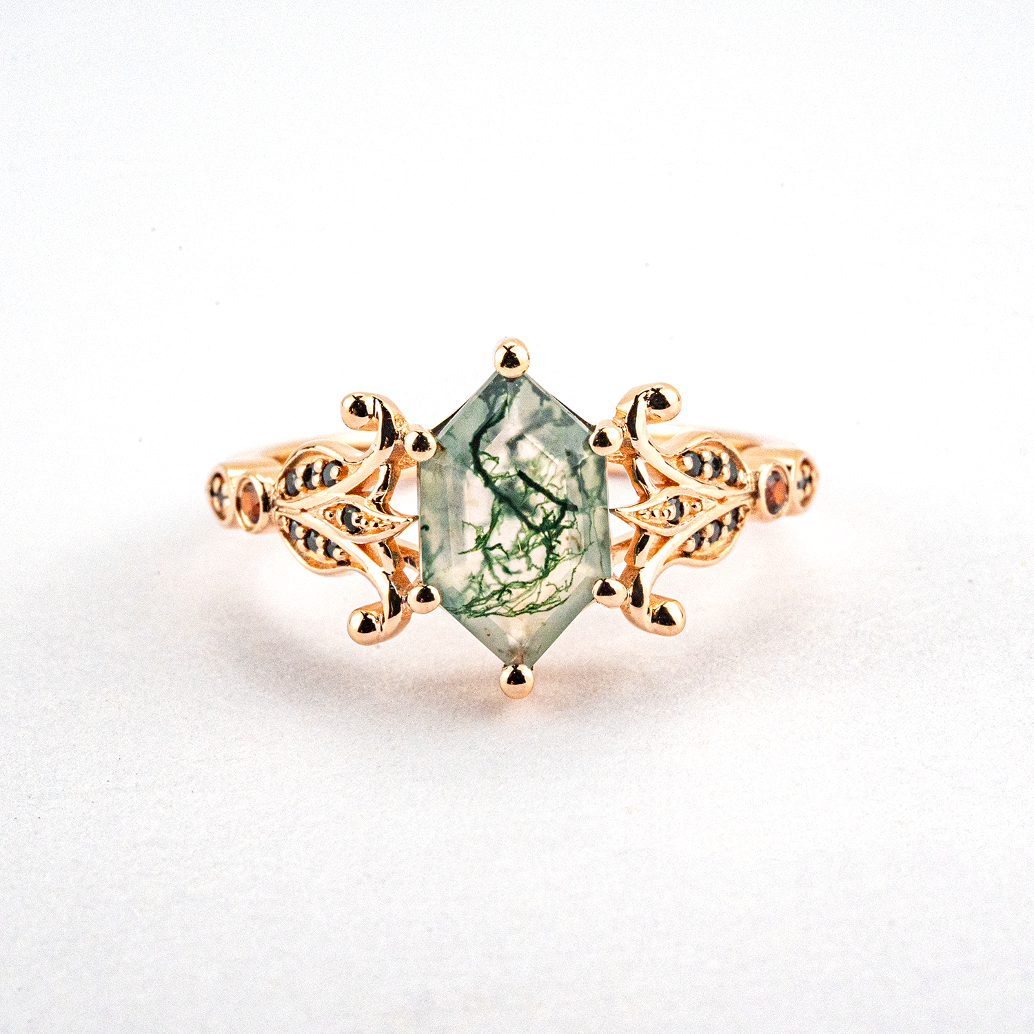 Unique Hexagonal Moss Agate and Black Onyx Rose Gold Ring Moss Agate Engagement Ring