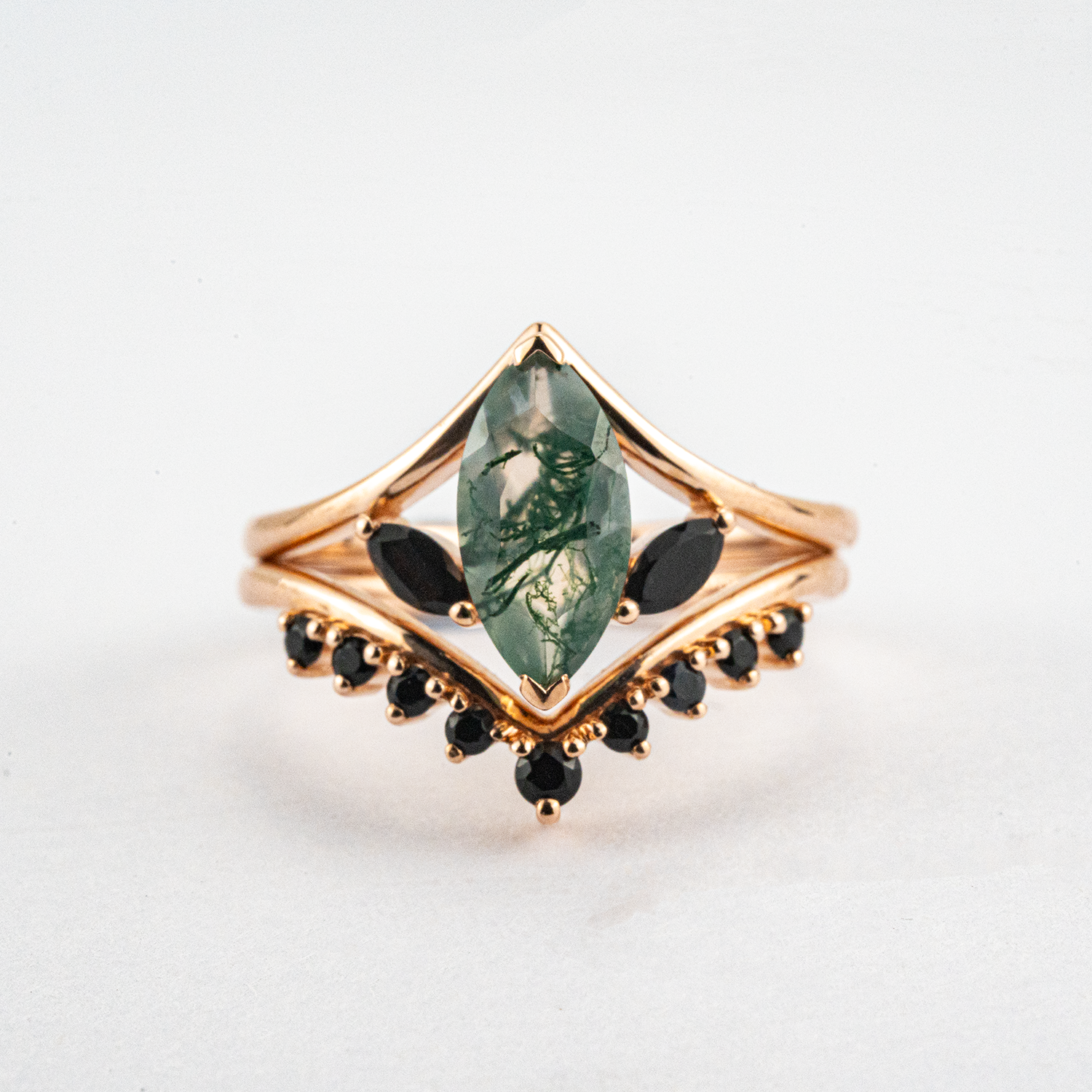 Unique Marquise Cut Moss Agate and Black Onyx Rose Gold Ring Set Unusual Ring