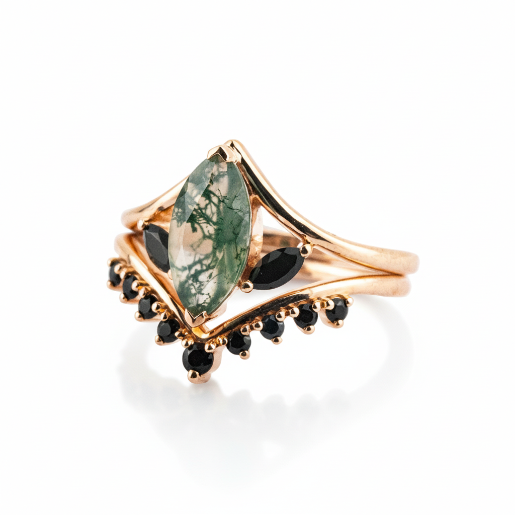 Product view of Marquise Moss Agate Ring Set in Rose Gold