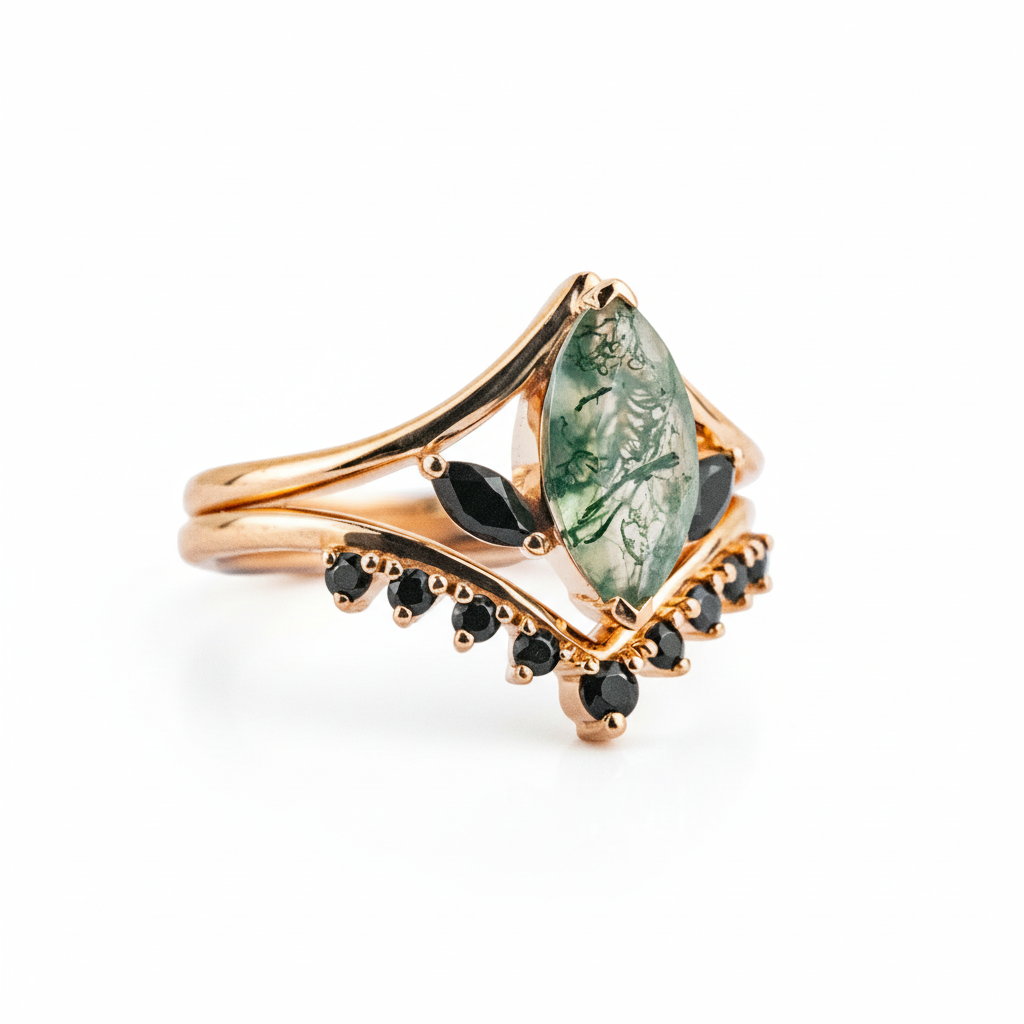 Product view of Marquise Moss Agate Ring Set in Rose Gold