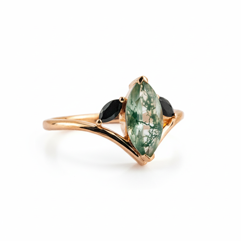 Product view of Marquise Moss Agate Ring in Rose Gold