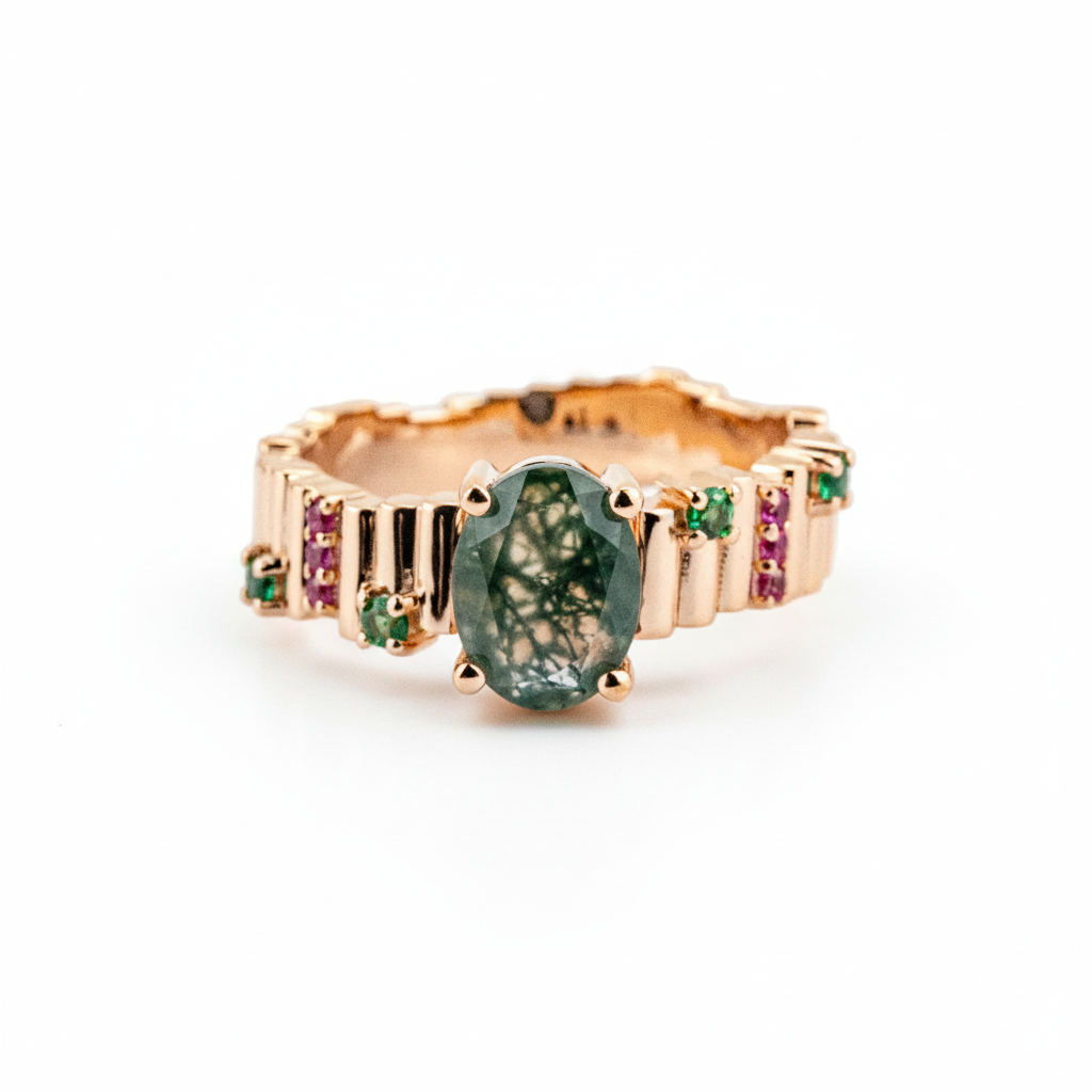 Front view of Oval Moss Agate Ring in Rose Gold