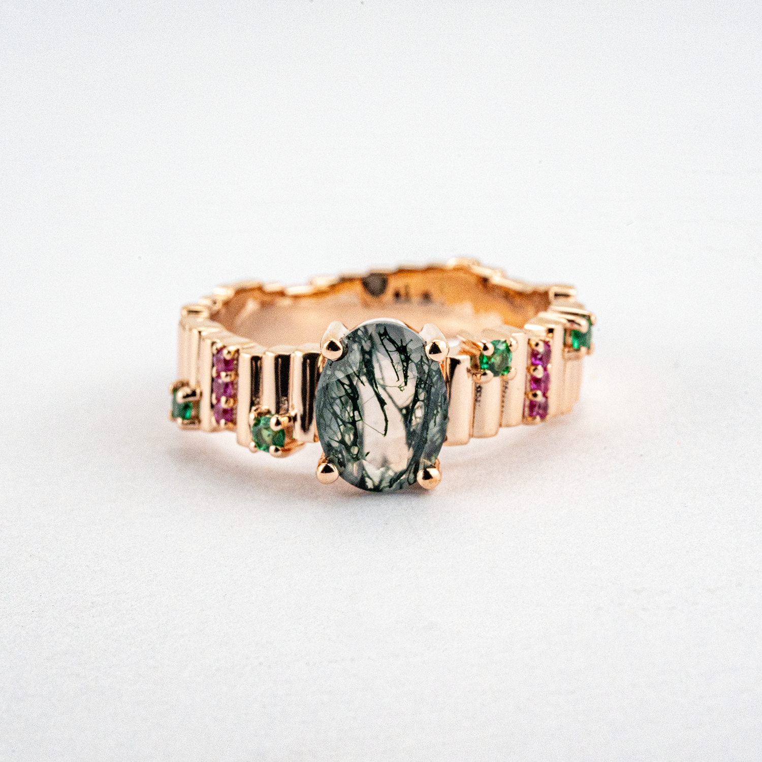 Unique Oval Moss Agate with Red and Green Sapphire Irregular Rose Gold Ring