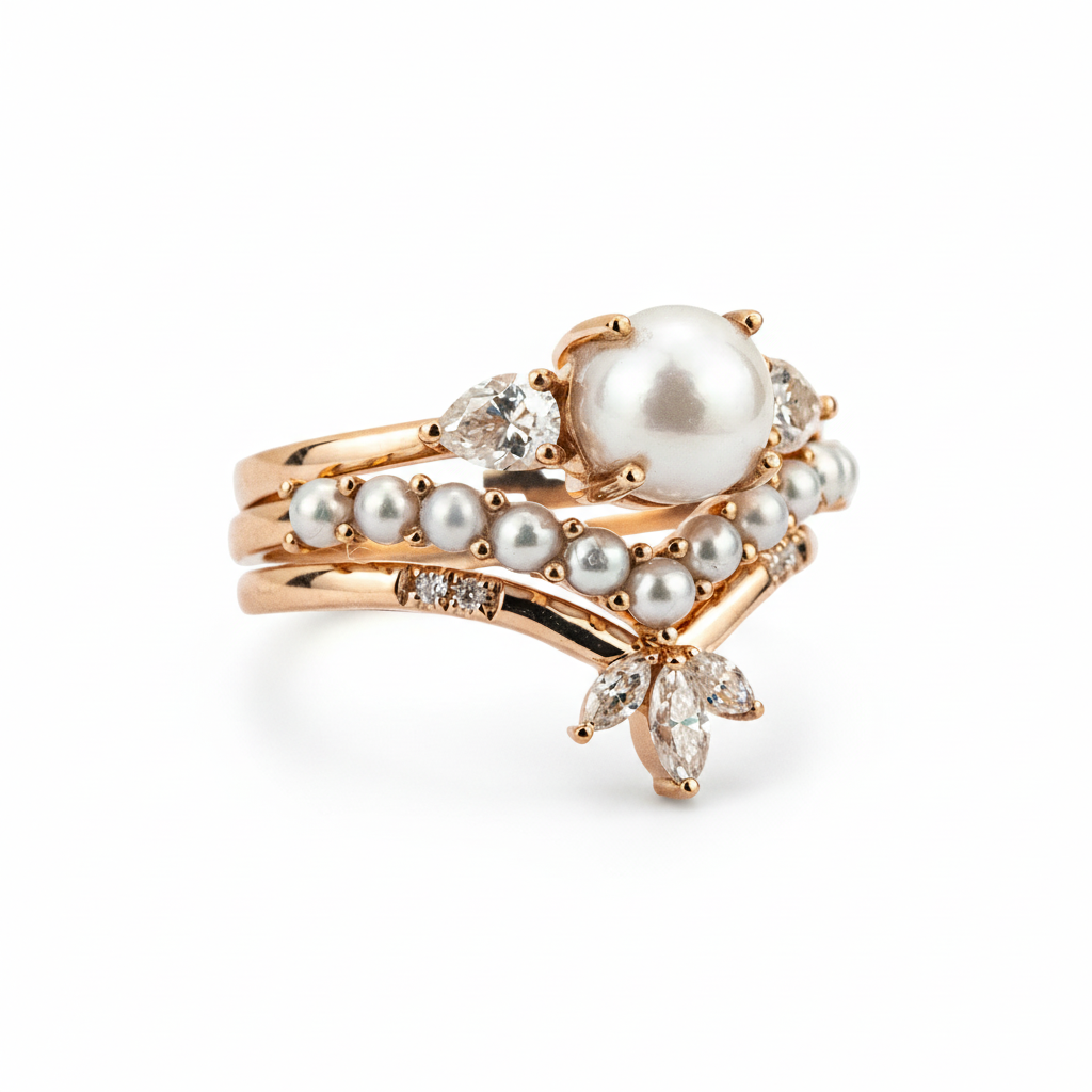 Product view of Pear Pearl Ring Set in Rose Gold